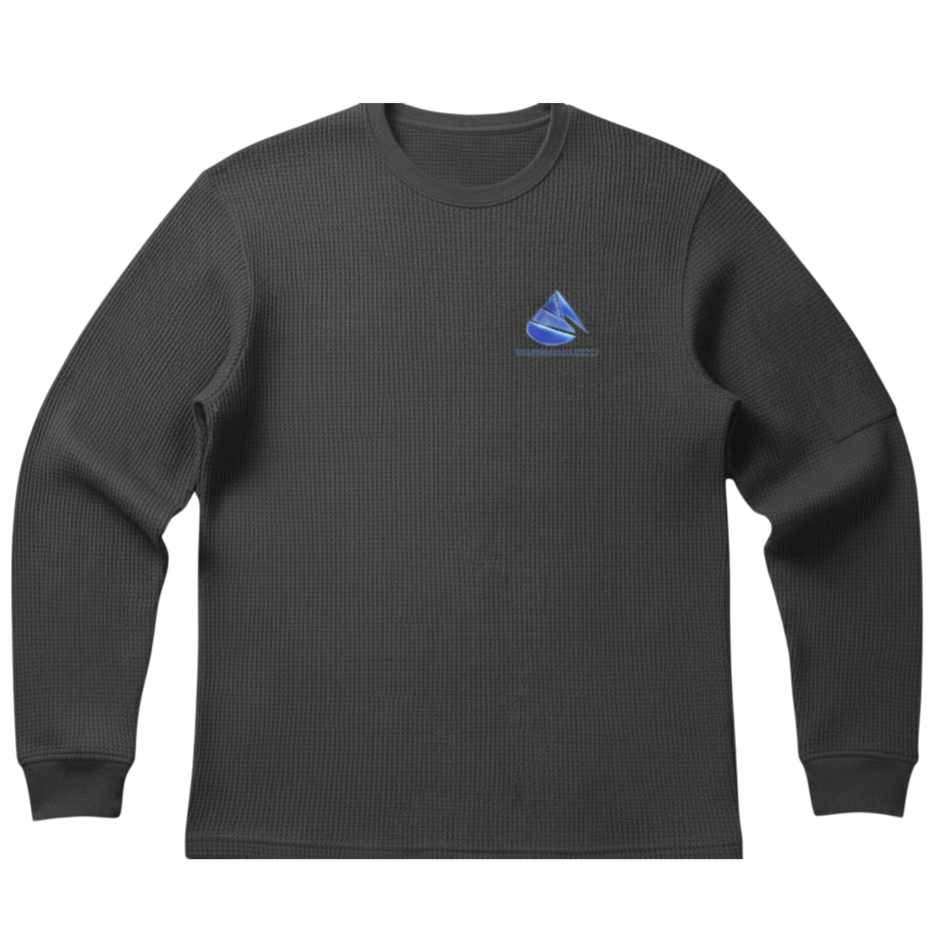 Gray Northwind Long Sleeve thermal shirt featuring a minimalist icy blue Infinite Ascent chest logo and waffle-knit texture.