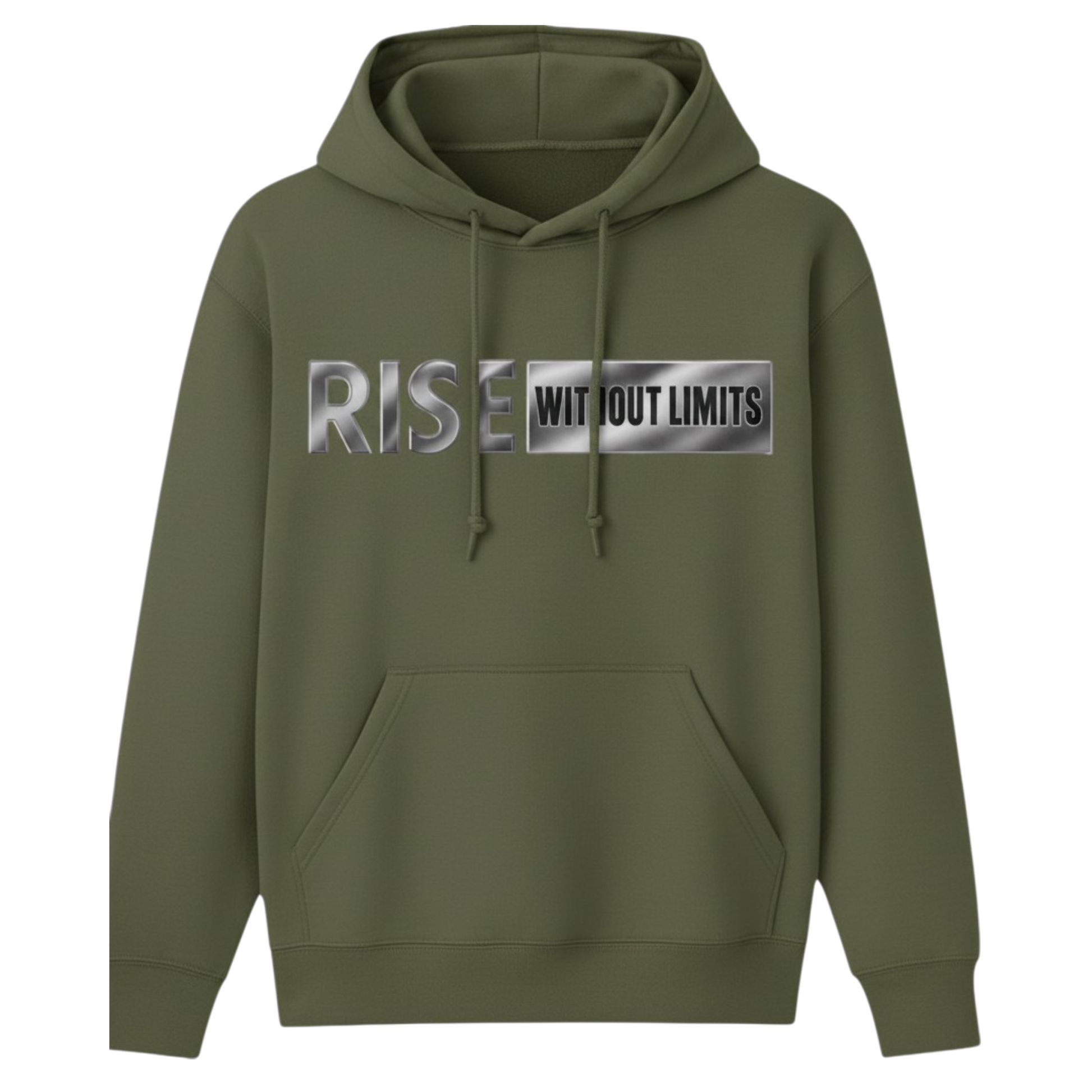 Army Green Steel Rise Hoodie featuring metallic silver Rise Without Limits typography across the front.