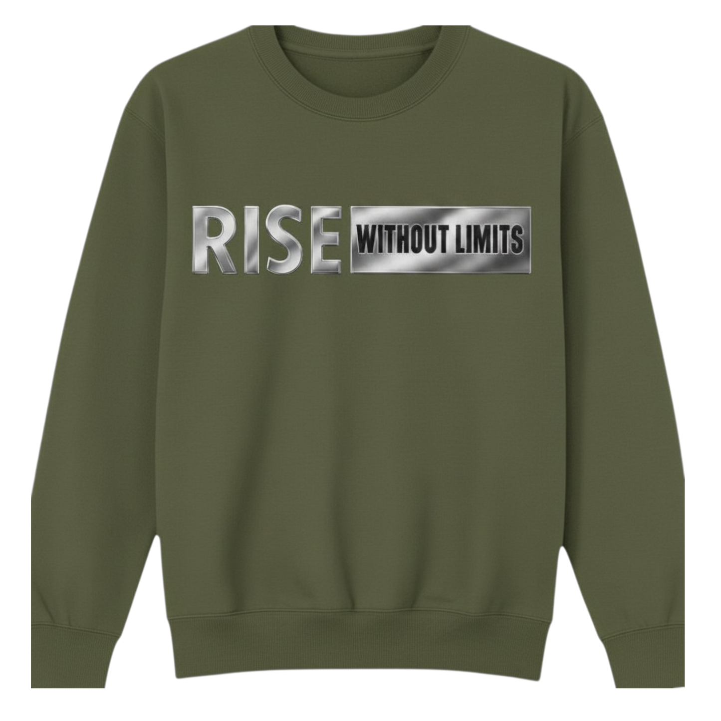 Army Green Steel Rise Crewneck featuring metallic silver Rise Without Limits typography across the front.