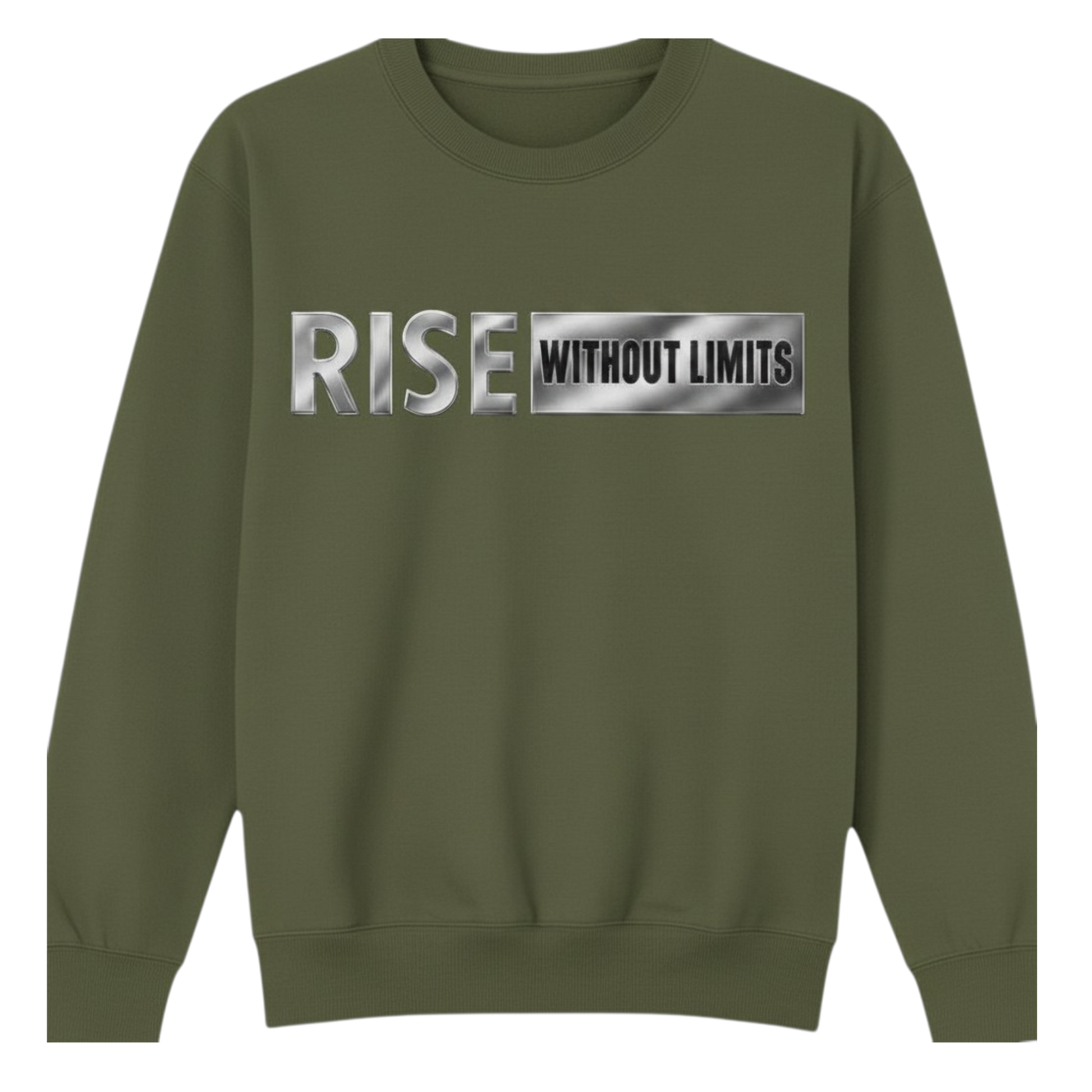 Army Green Steel Rise Crewneck featuring metallic silver Rise Without Limits typography across the front.