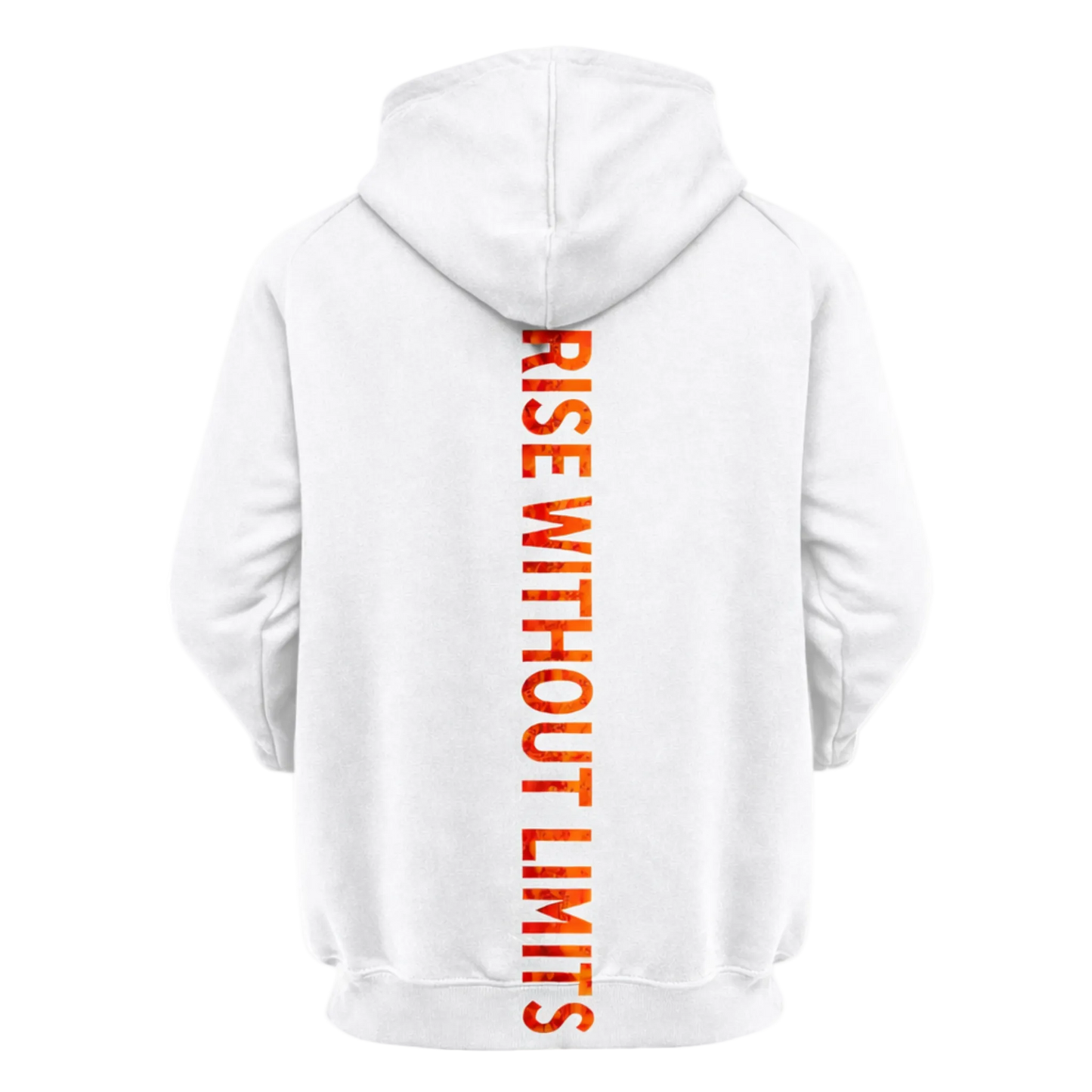 White Infinite Ascent Inferno hoodie featuring a vertical Rise Without Limits graphic on the back.