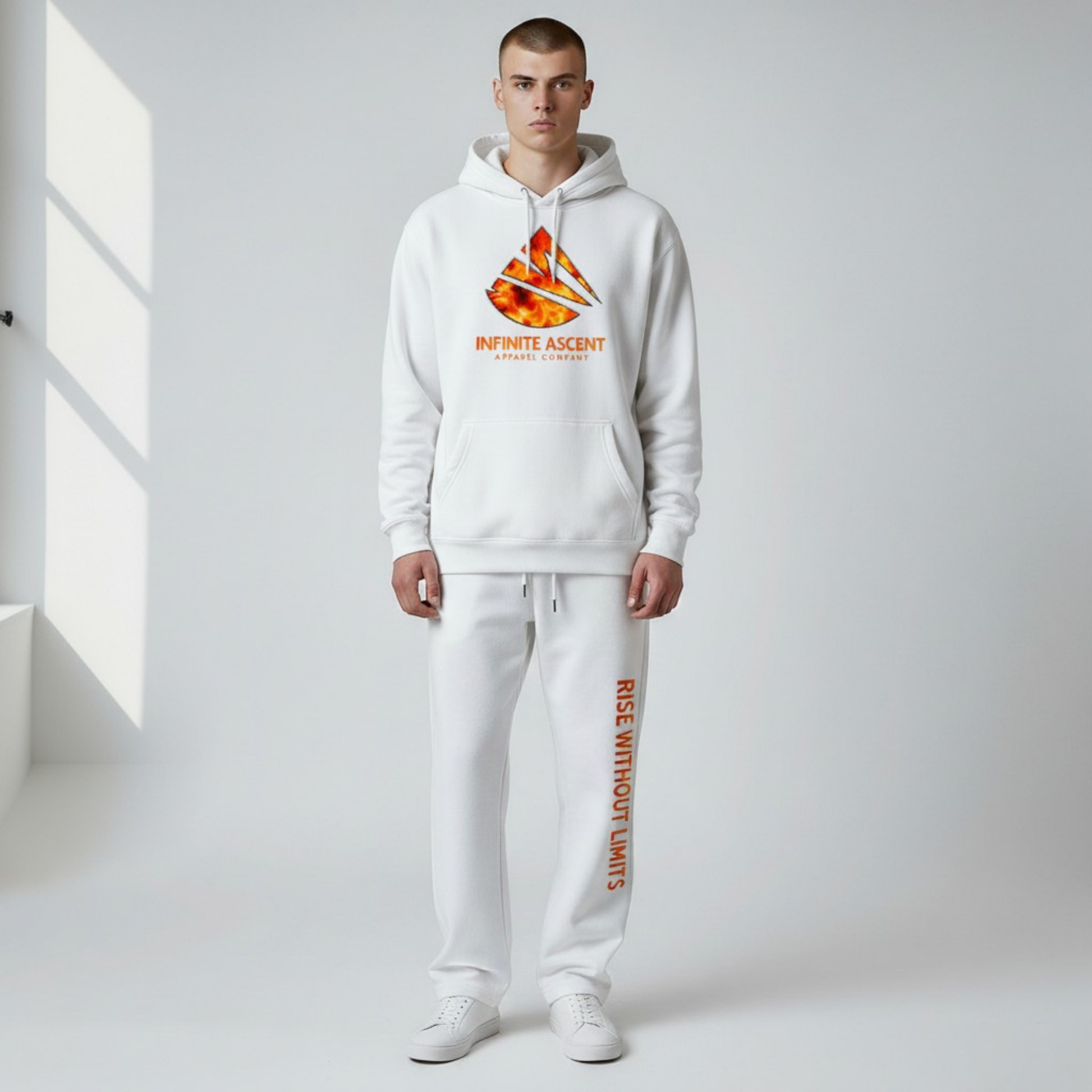 White Infinite Ascent Inferno hoodie featuring a fiery molten logo on the front