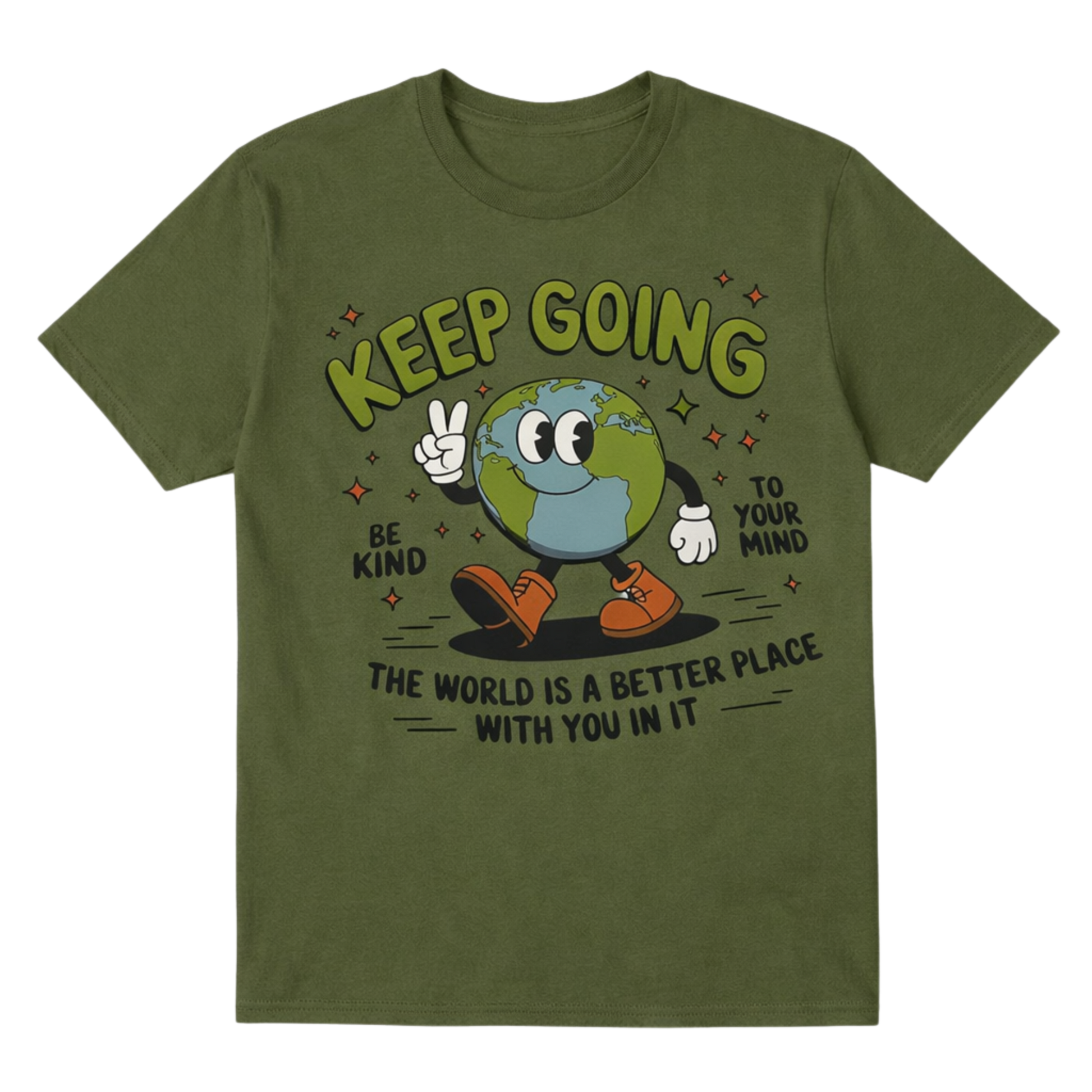 Close up of Earth cartoon illustration and Keep Going motivational message on green t-shirt