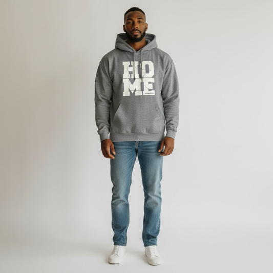 Gray MN Homebound Hoodie featuring oversized HOME lettering on the front in a clean minimalist streetwear design.