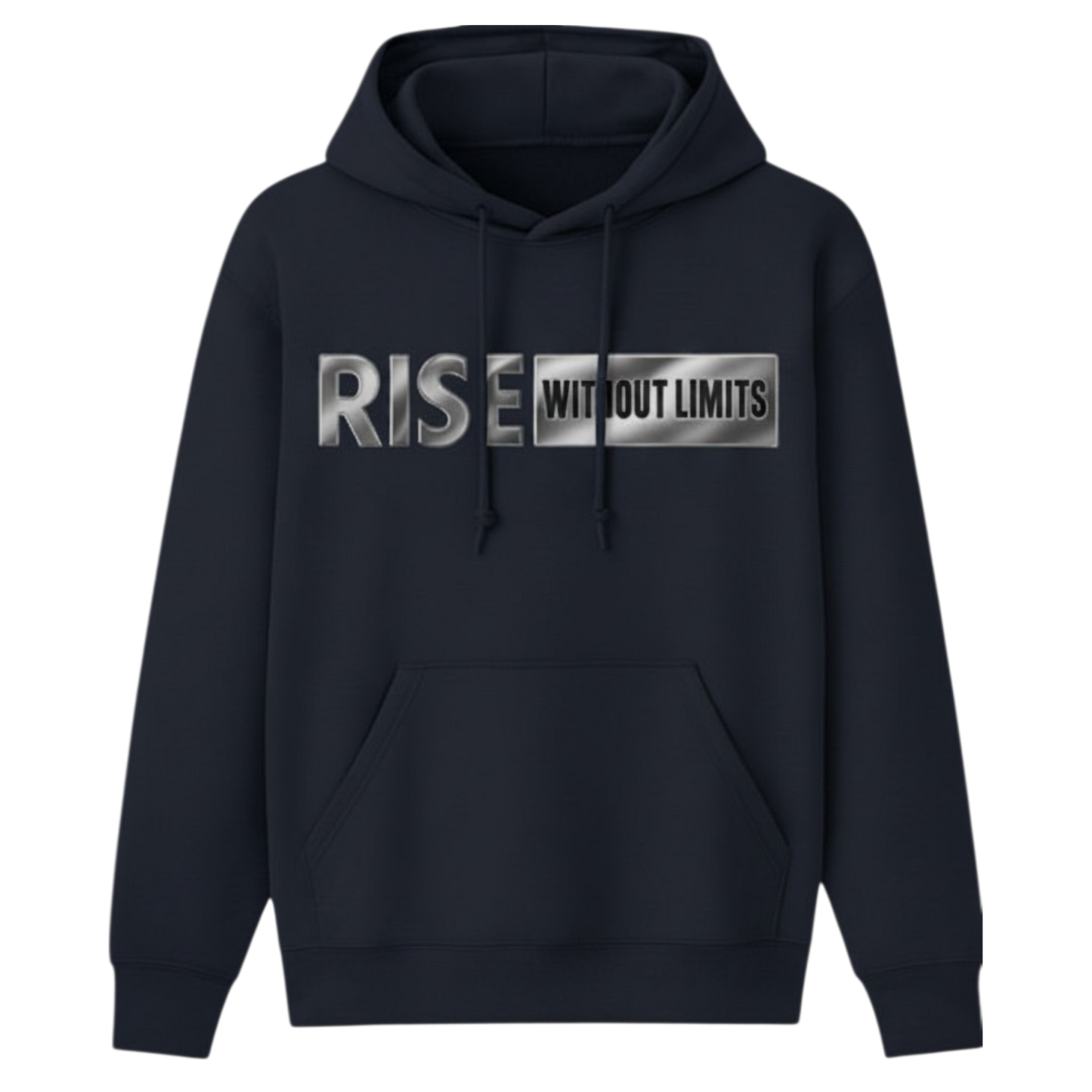 Navy Blue Steel Rise Hoodie featuring metallic silver Rise Without Limits typography across the front.