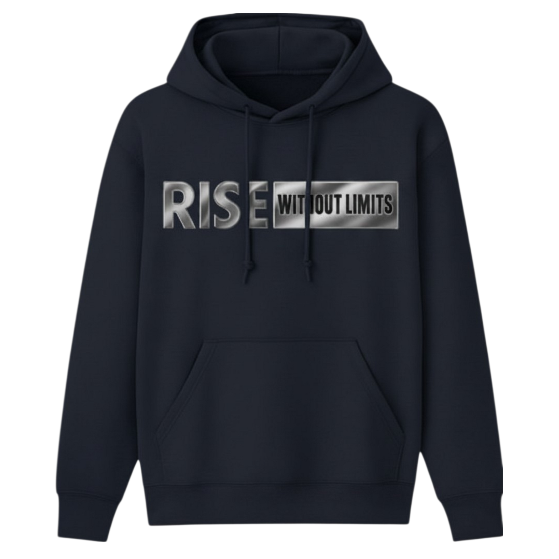 Navy Blue Steel Rise Hoodie featuring metallic silver Rise Without Limits typography across the front.