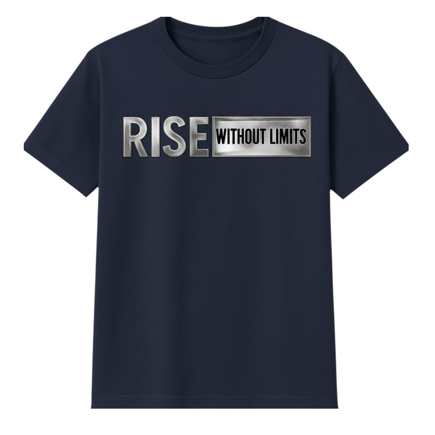 Blue Steel Rise Tee featuring metallic silver Rise Without Limits typography across the front.