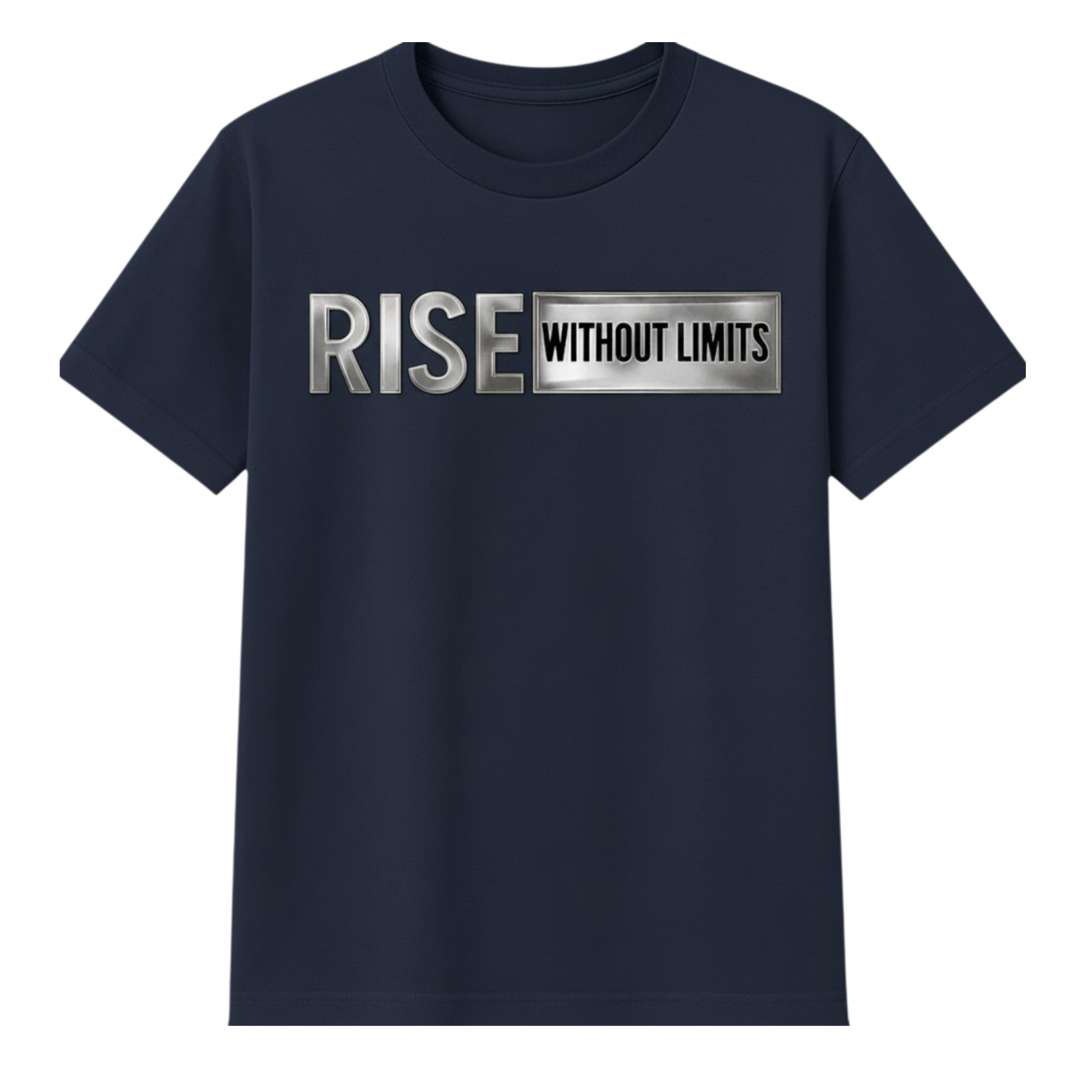 Blue Steel Rise Tee featuring metallic silver Rise Without Limits typography across the front.