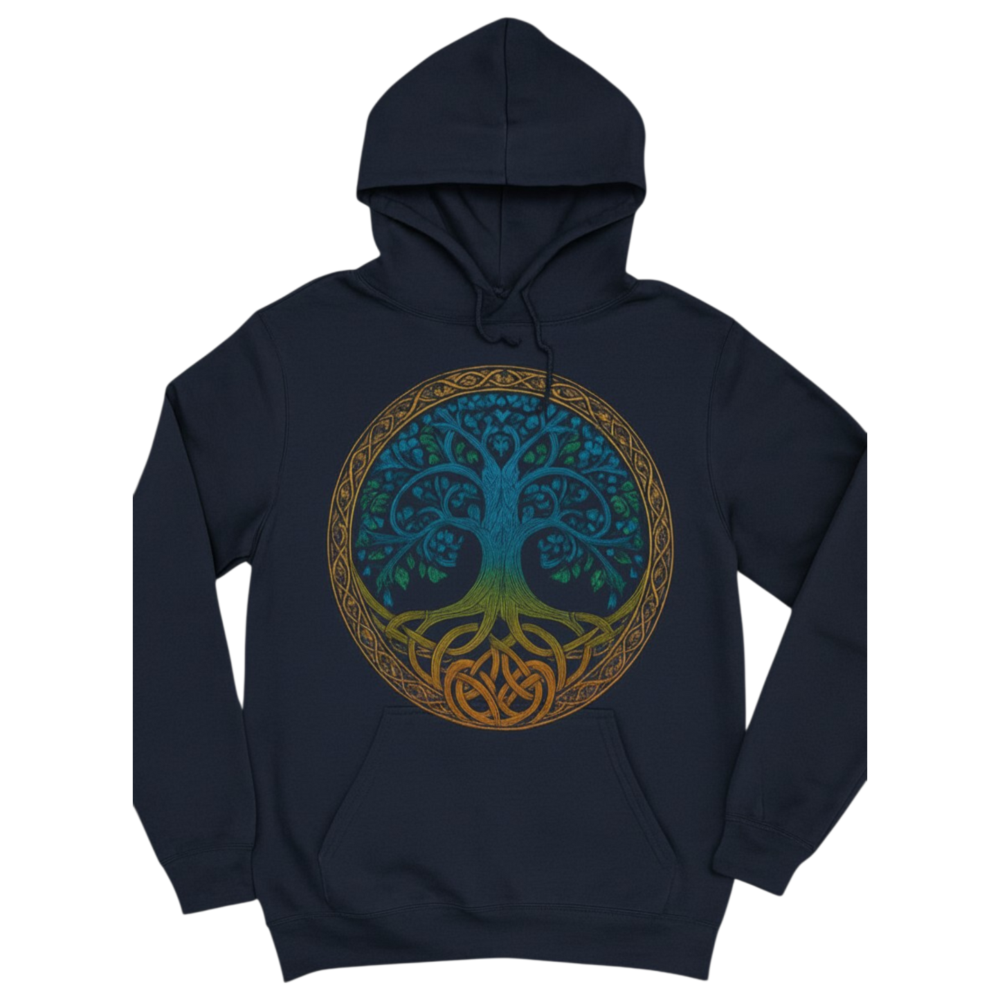 Navy Blue Tree of Life Hoodie featuring a large blue and gold Celtic-inspired Tree of Life graphic on the front.