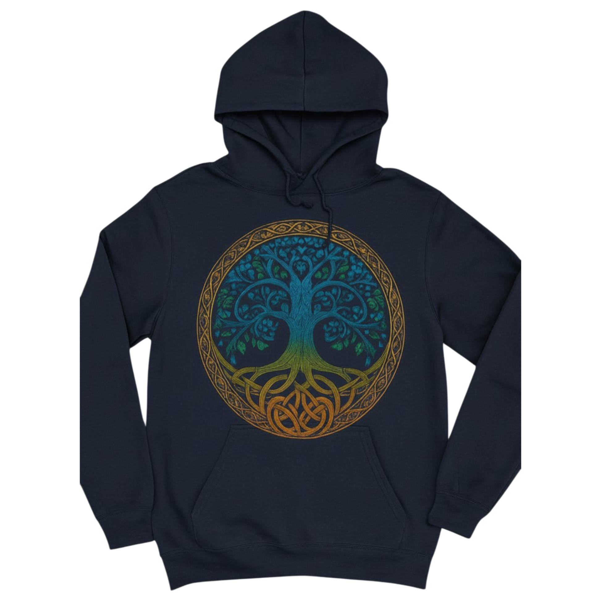 Navy Blue Tree of Life Hoodie featuring a large blue and gold Celtic-inspired Tree of Life graphic on the front.