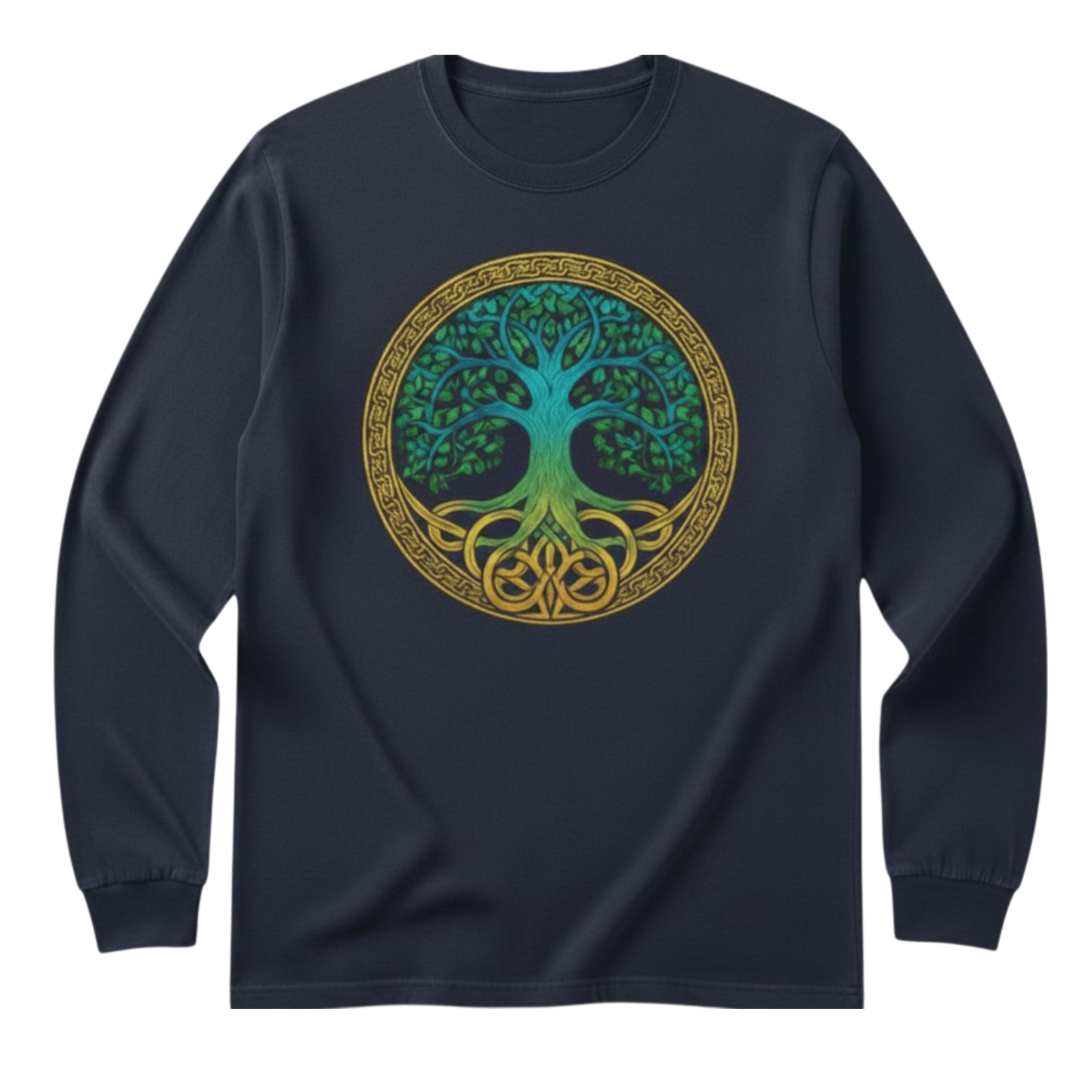 Navy Blue Tree of Life Long Sleeve Tee featuring a blue and gold Celtic-inspired Tree of Life graphic on the front.