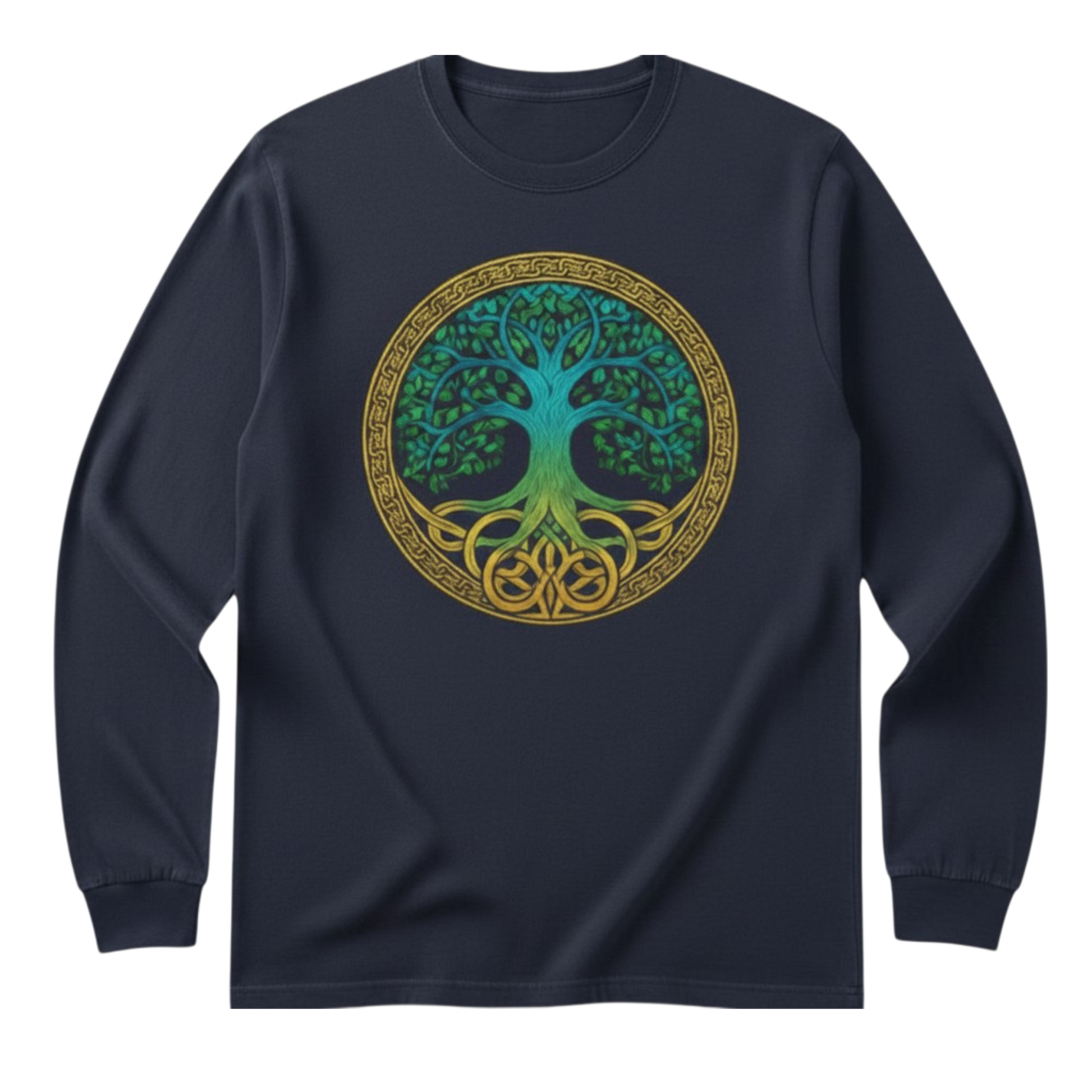 Navy Blue Tree of Life Long Sleeve Tee featuring a blue and gold Celtic-inspired Tree of Life graphic on the front.
