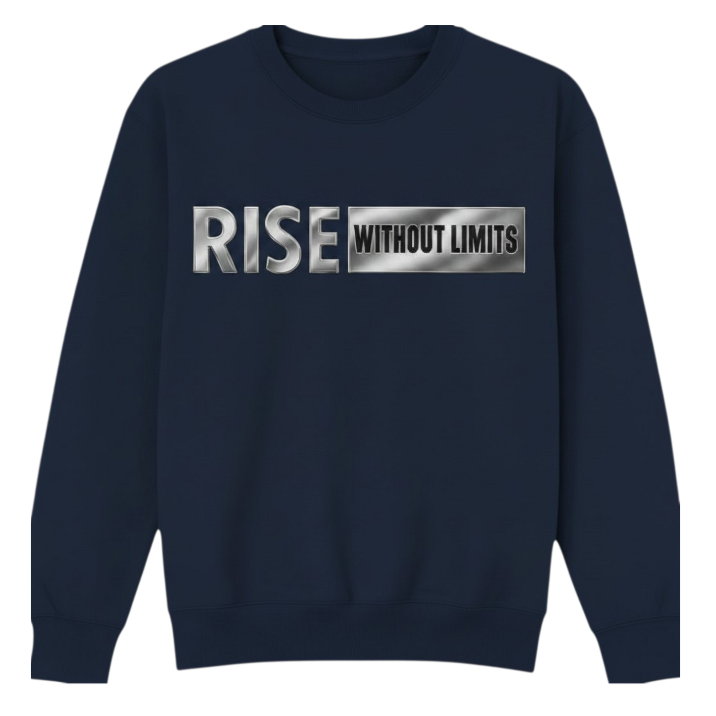 Navy Blue Steel Rise Crewneck featuring metallic silver Rise Without Limits typography across the front.