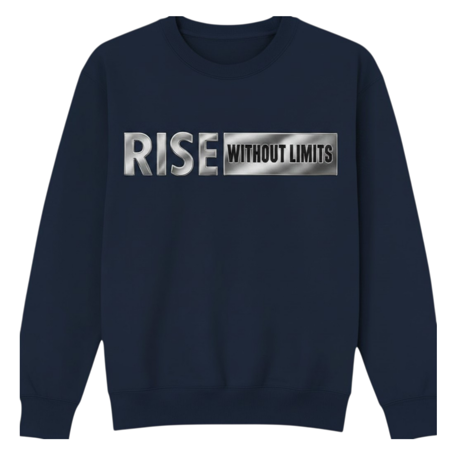 Navy Blue Steel Rise Crewneck featuring metallic silver Rise Without Limits typography across the front.