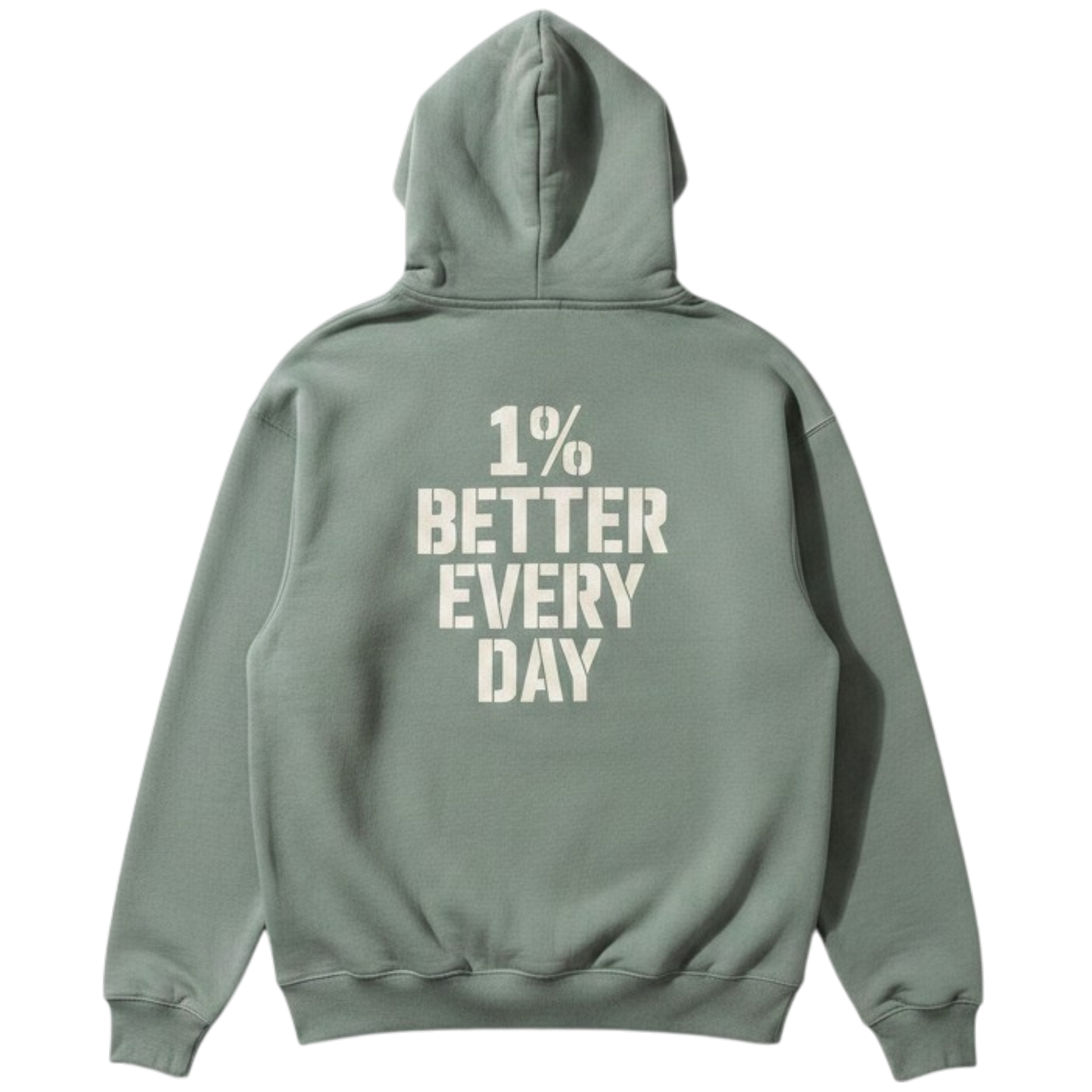 Green hoodie with '1% Better Every Day' text on a white background