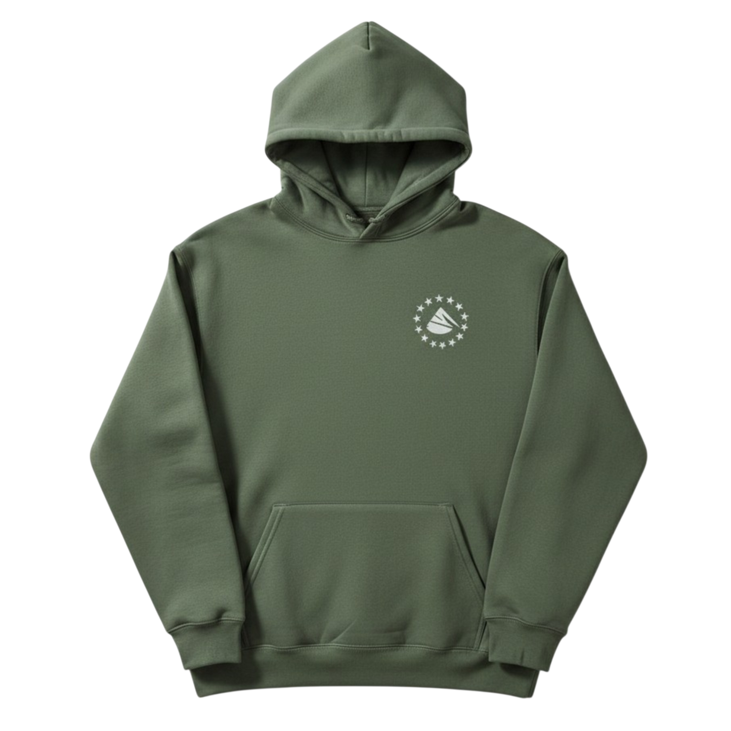 Green hoodie with a logo on a white background