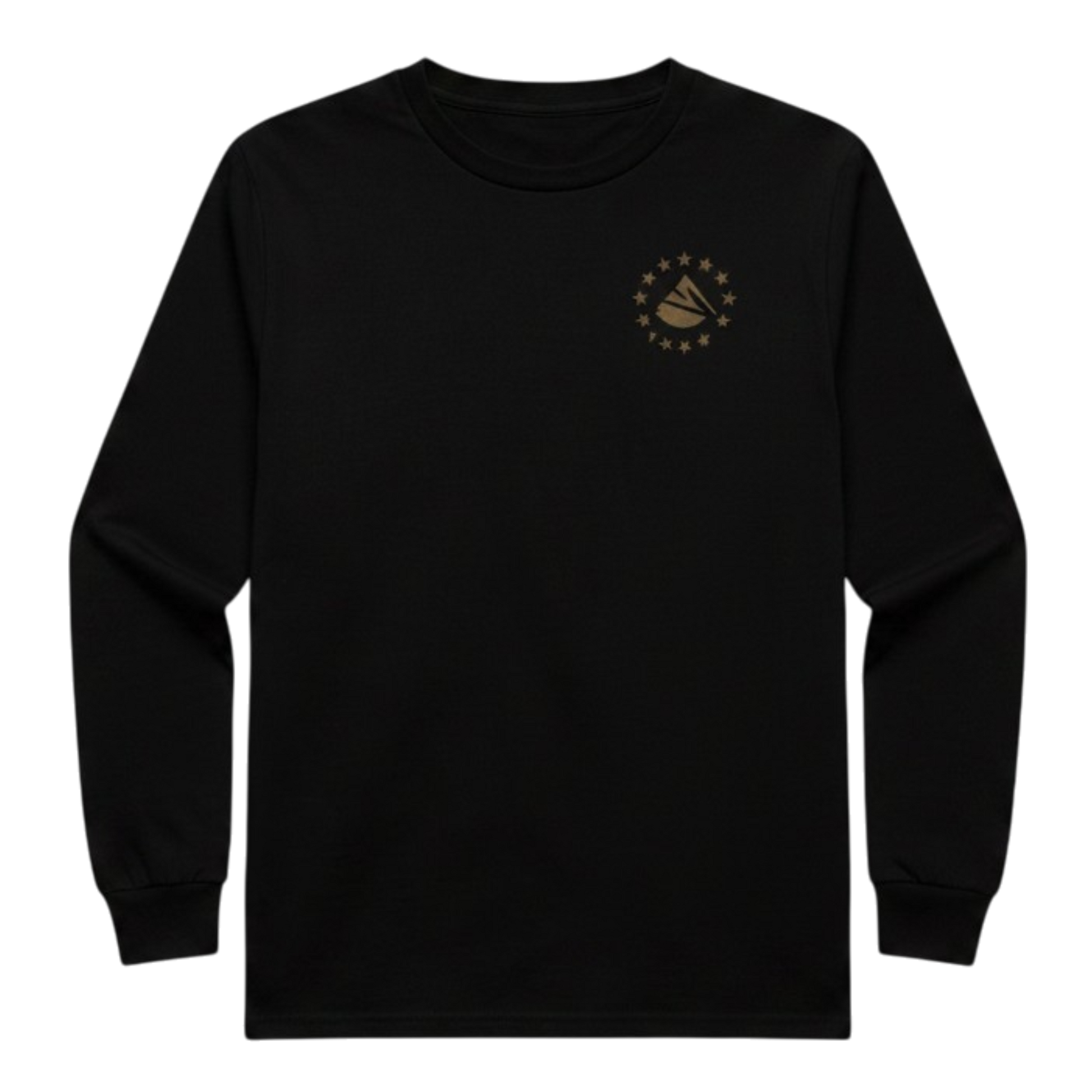 Black long-sleeve shirt with a logo on the chest against a white background