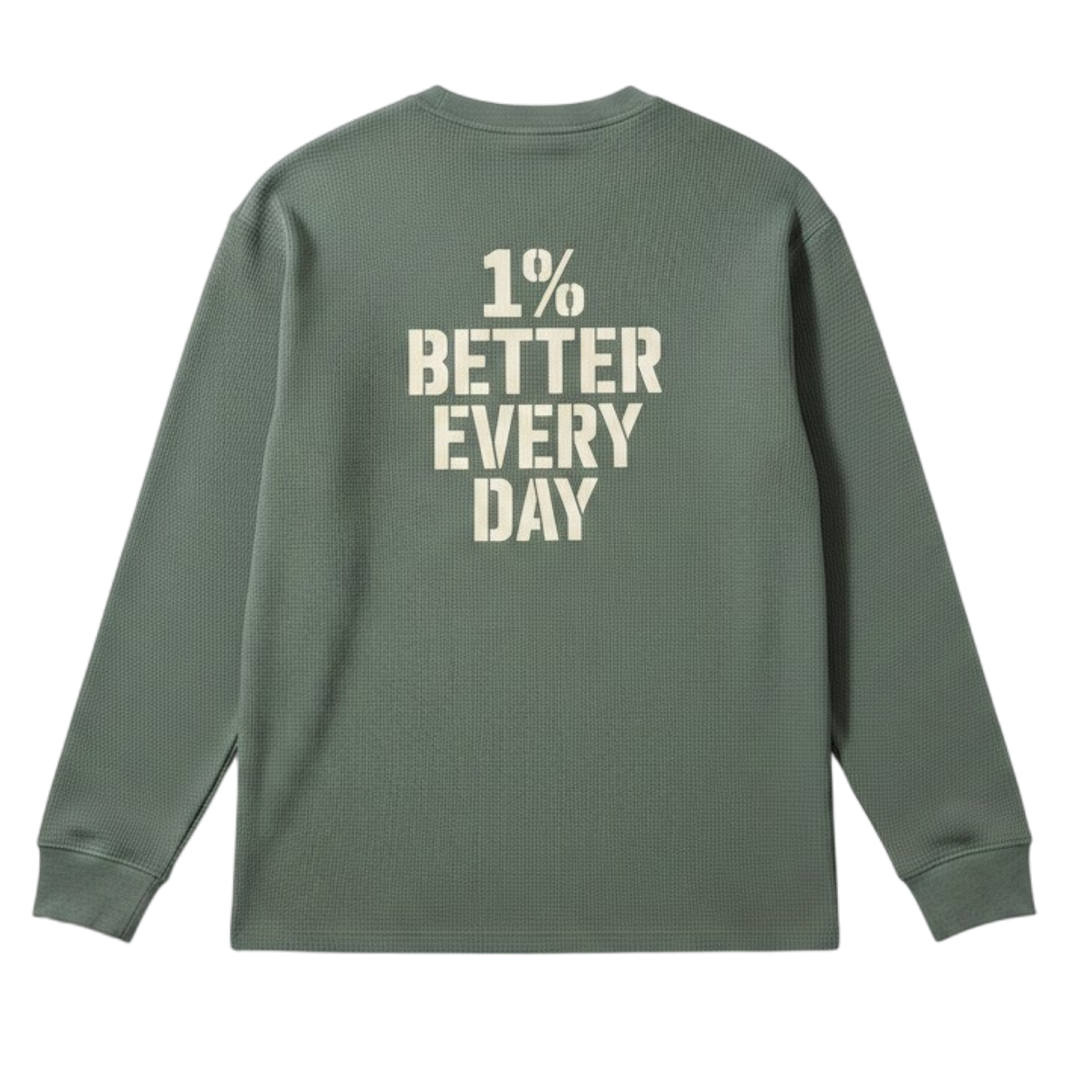 Green long-sleeve shirt with '1% Better Every Day' text on the back against a white background