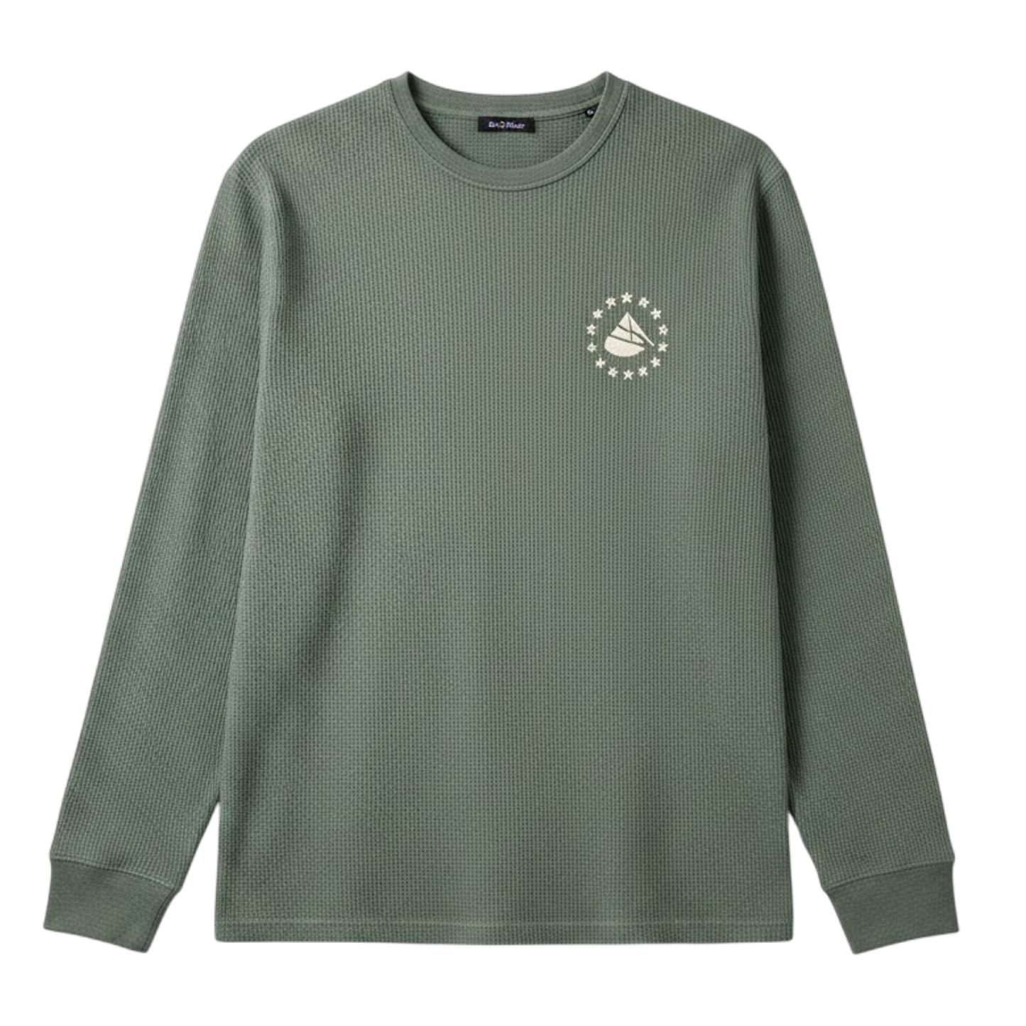 Green long-sleeve shirt with a logo on a white background