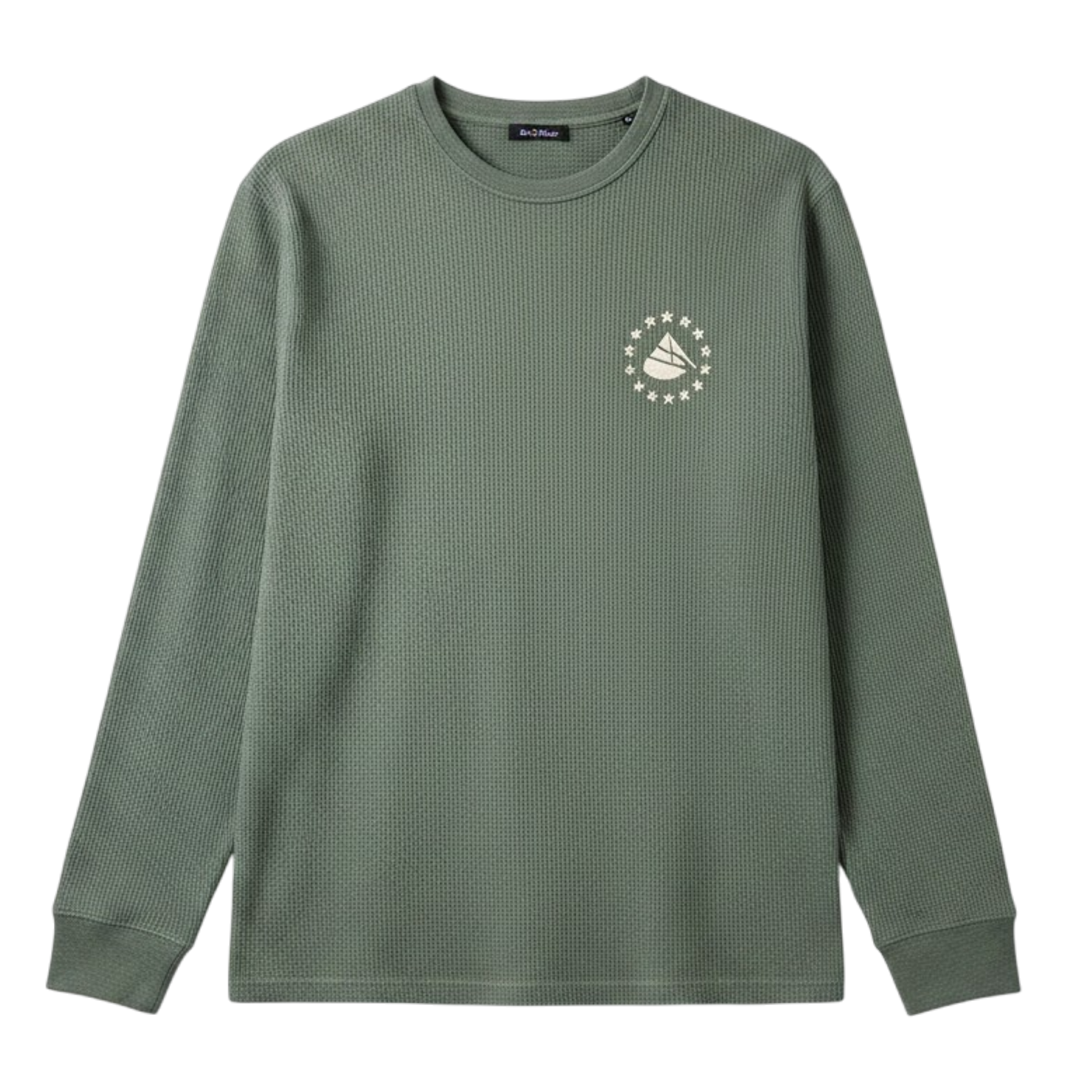 Green long-sleeve shirt with a logo on a white background