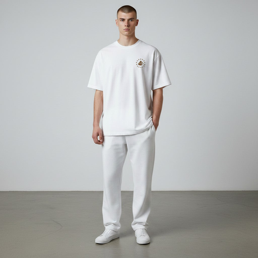 White One Percent Better Tee featuring distressed motivational typography on the back and minimalist Infinite Ascent chest logo on the front.