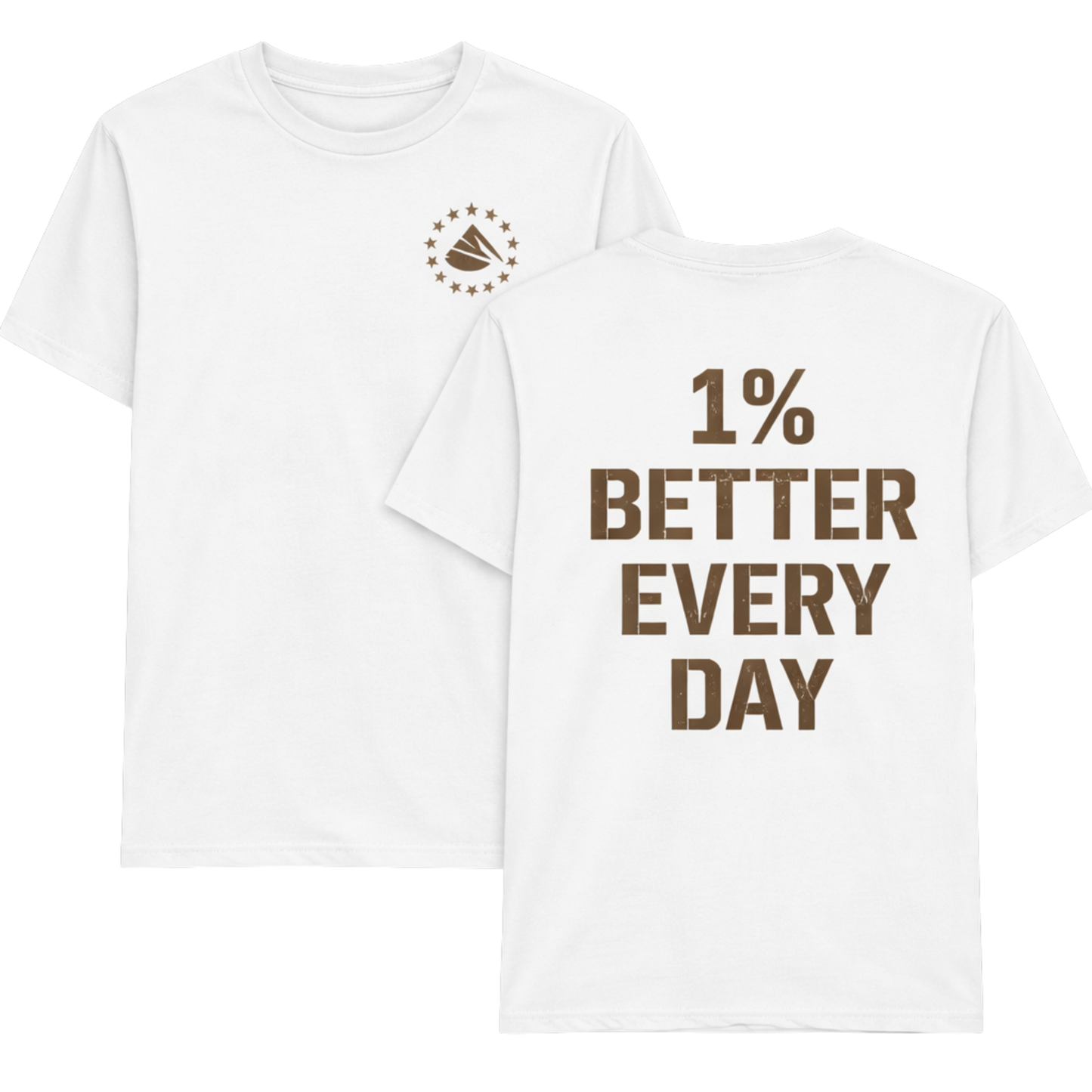 White One Percent Better Tee featuring distressed motivational typography on the back and minimalist Infinite Ascent chest logo on the front.