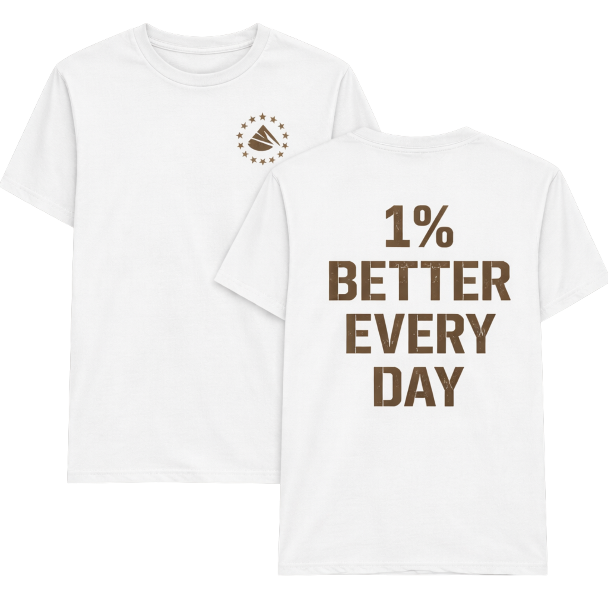 White One Percent Better Tee featuring distressed motivational typography on the back and minimalist Infinite Ascent chest logo on the front.