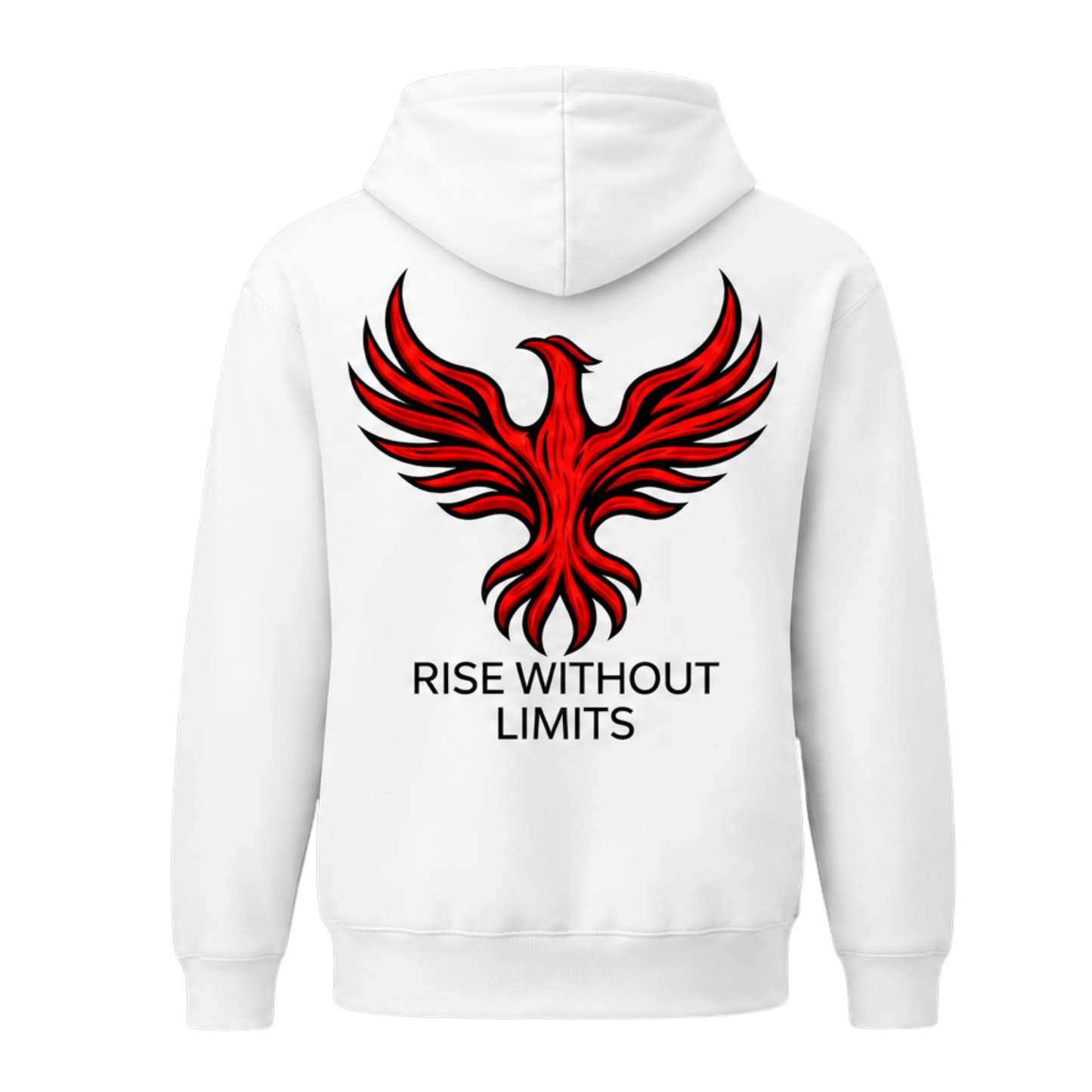White Phoenix Rise Hoodie by Infinite Ascent featuring a large red phoenix graphic and Rise Without Limits text on the back.