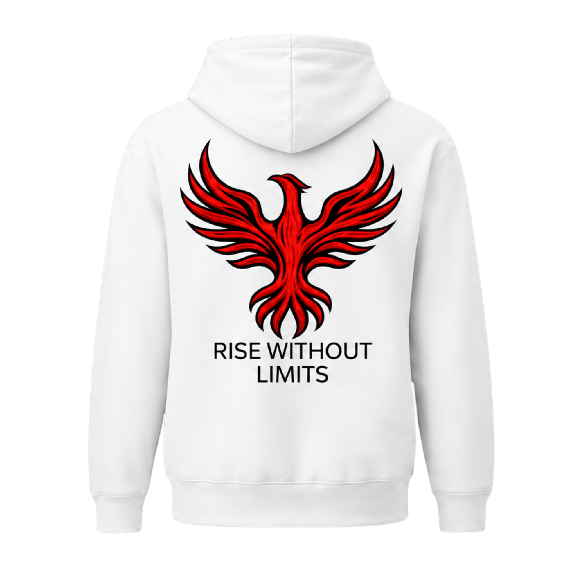 White Phoenix Rise Hoodie by Infinite Ascent featuring a large red phoenix graphic and Rise Without Limits text on the back.