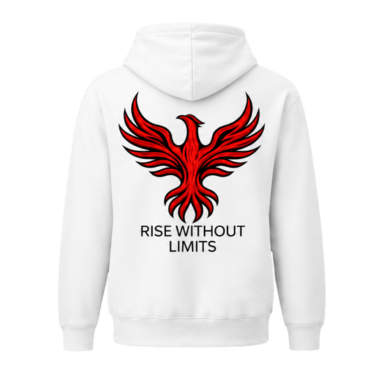 White Phoenix Rise Hoodie by Infinite Ascent featuring a large red phoenix graphic and Rise Without Limits text on the back.