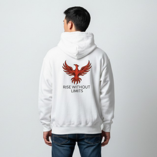 White Phoenix Rise Hoodie by Infinite Ascent featuring a large red phoenix graphic and Rise Without Limits text on the back.