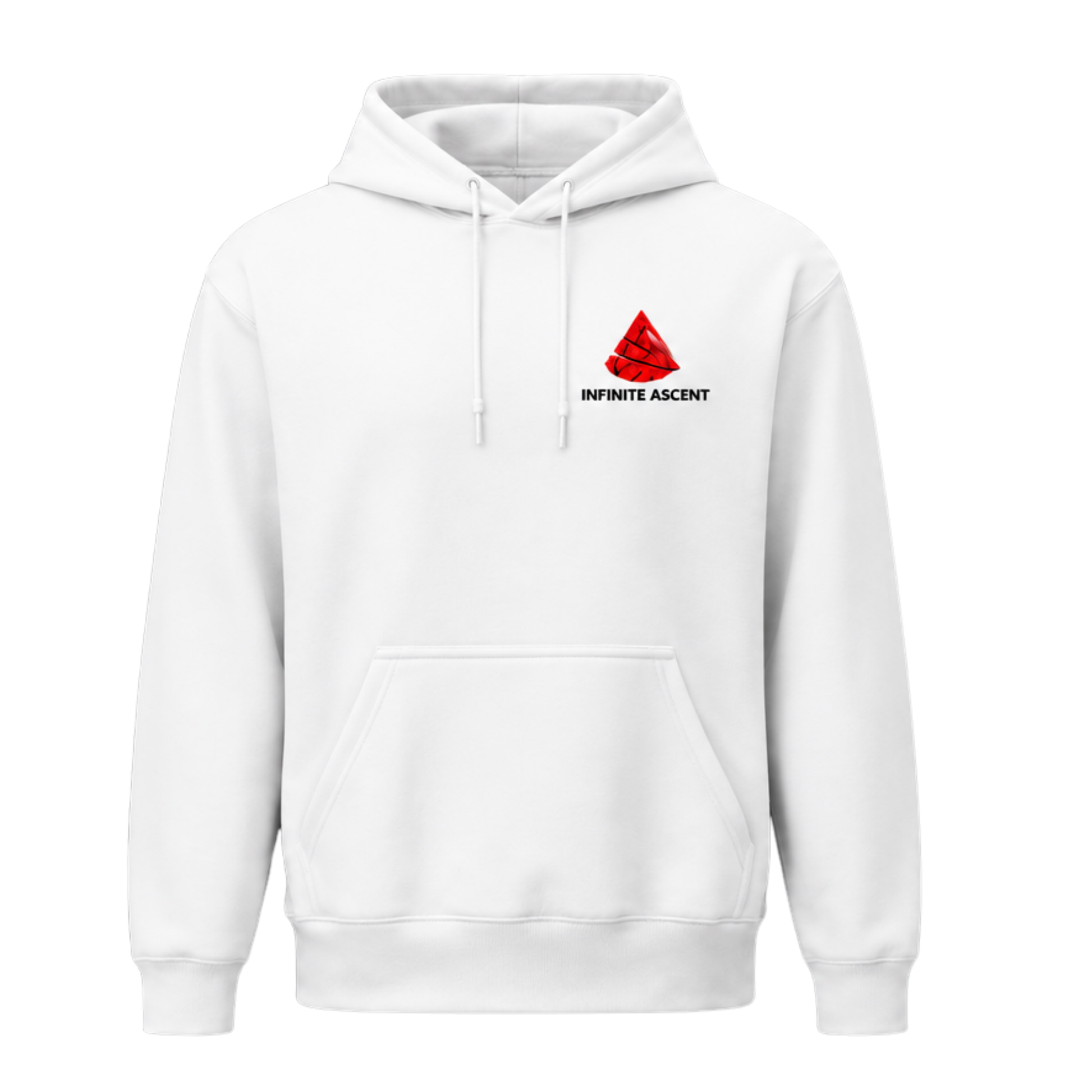 White Phoenix Rise Hoodie by Infinite Ascent featuring a large red phoenix graphic and Rise Without Limits text on the back.