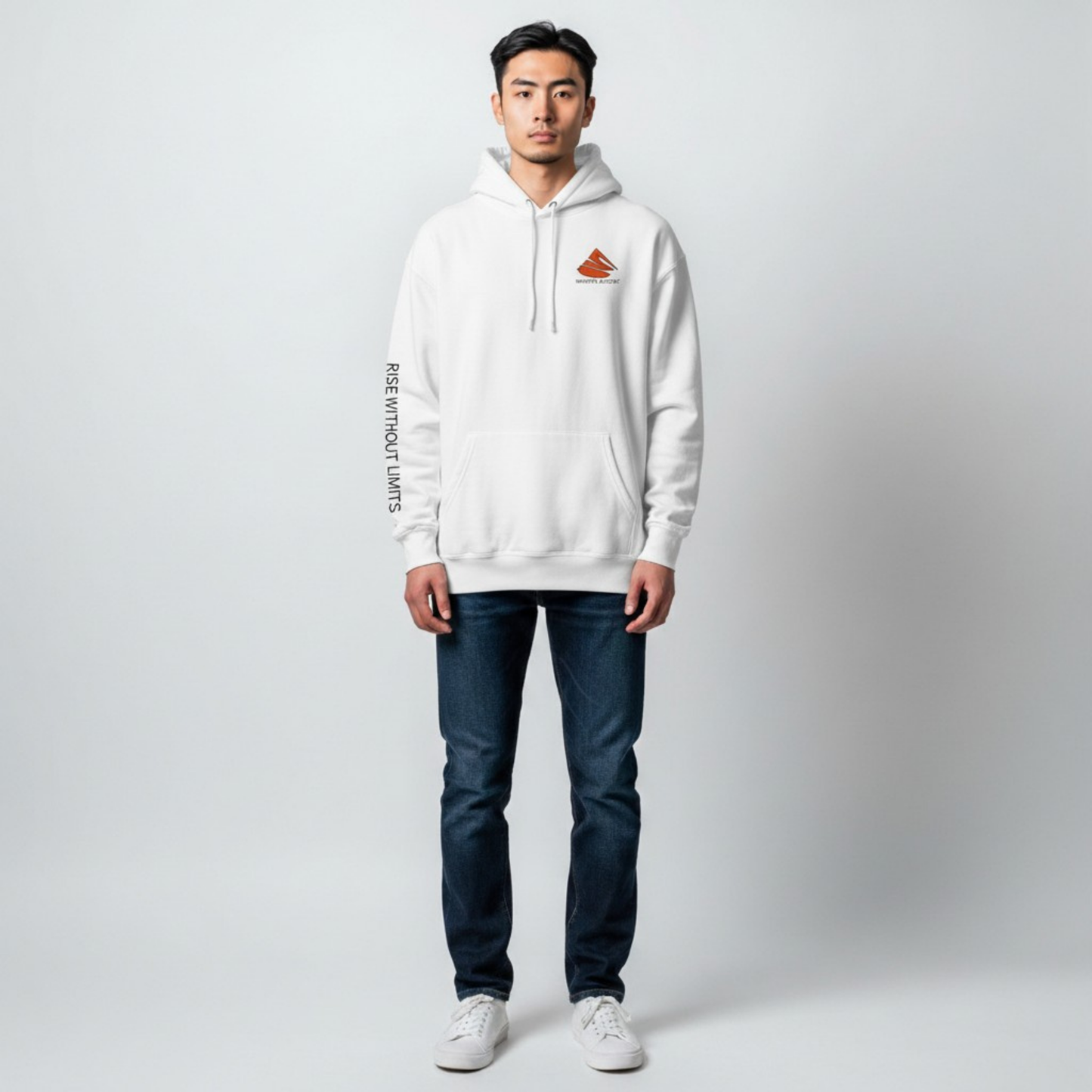 White Phoenix Rise Hoodie by Infinite Ascent featuring a large red phoenix graphic and Rise Without Limits text on the back.