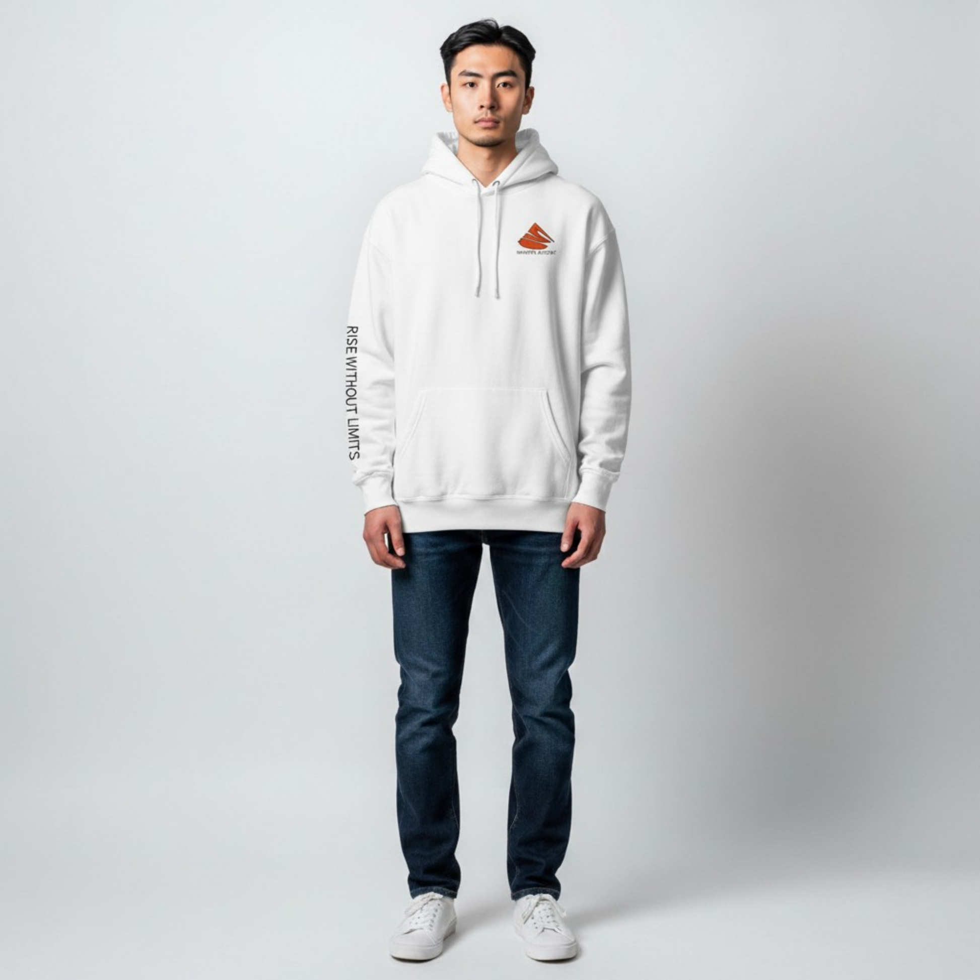 White Phoenix Rise Hoodie by Infinite Ascent featuring a large red phoenix graphic and Rise Without Limits text on the back.