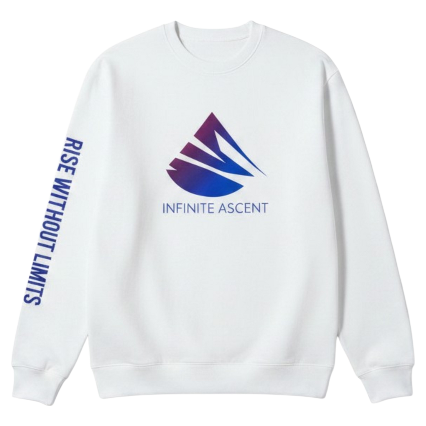White sweatshirt with 'Infinite Ascent' logo and text on a white background