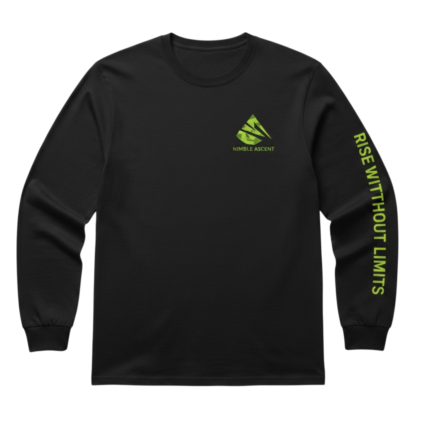 Black long-sleeve shirt with green logo and text on a white background