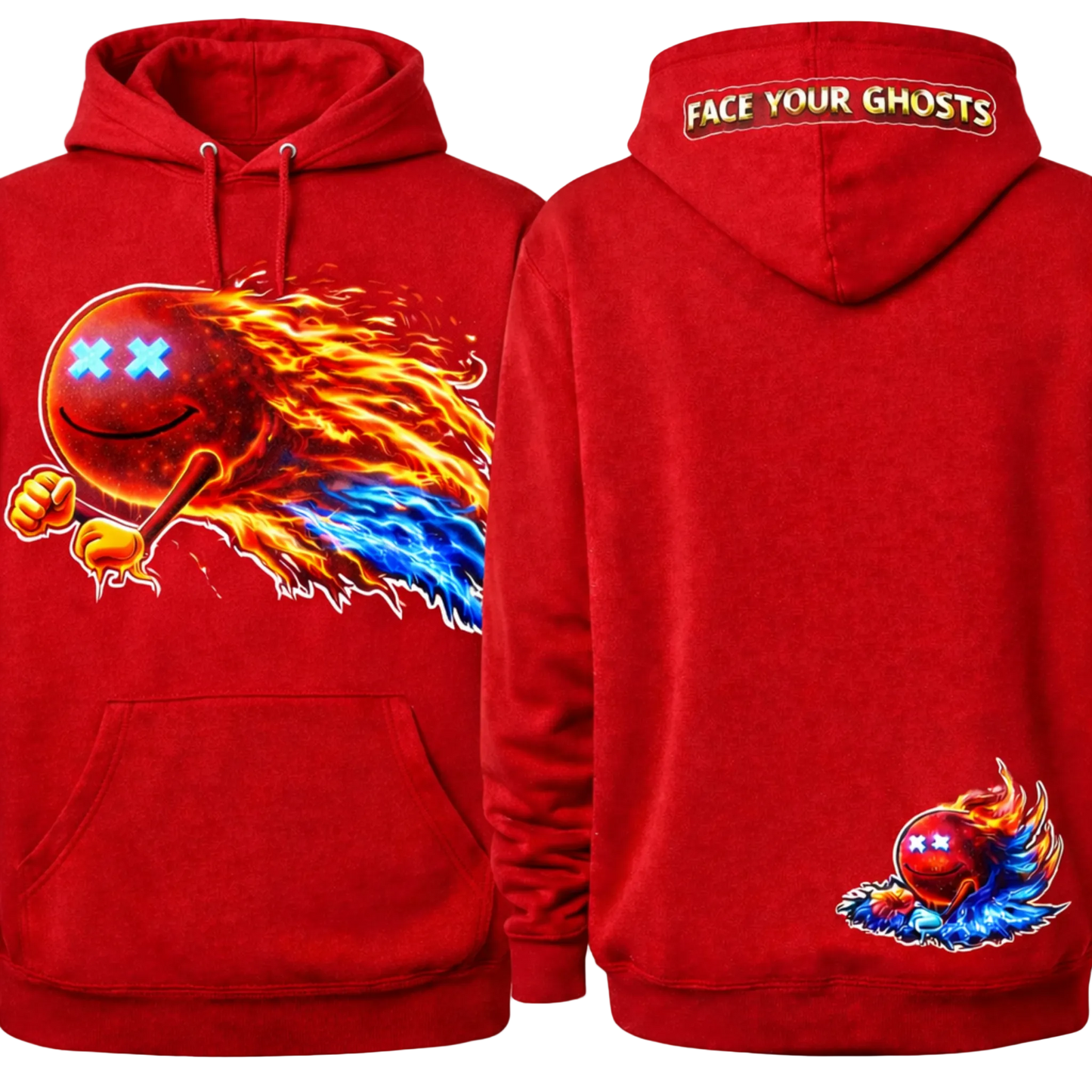 Red Face Your Ghosts Hoodie by Infinite Ascent featuring red phantom artwork, motivational text, and subtle ghost graphics on the back.