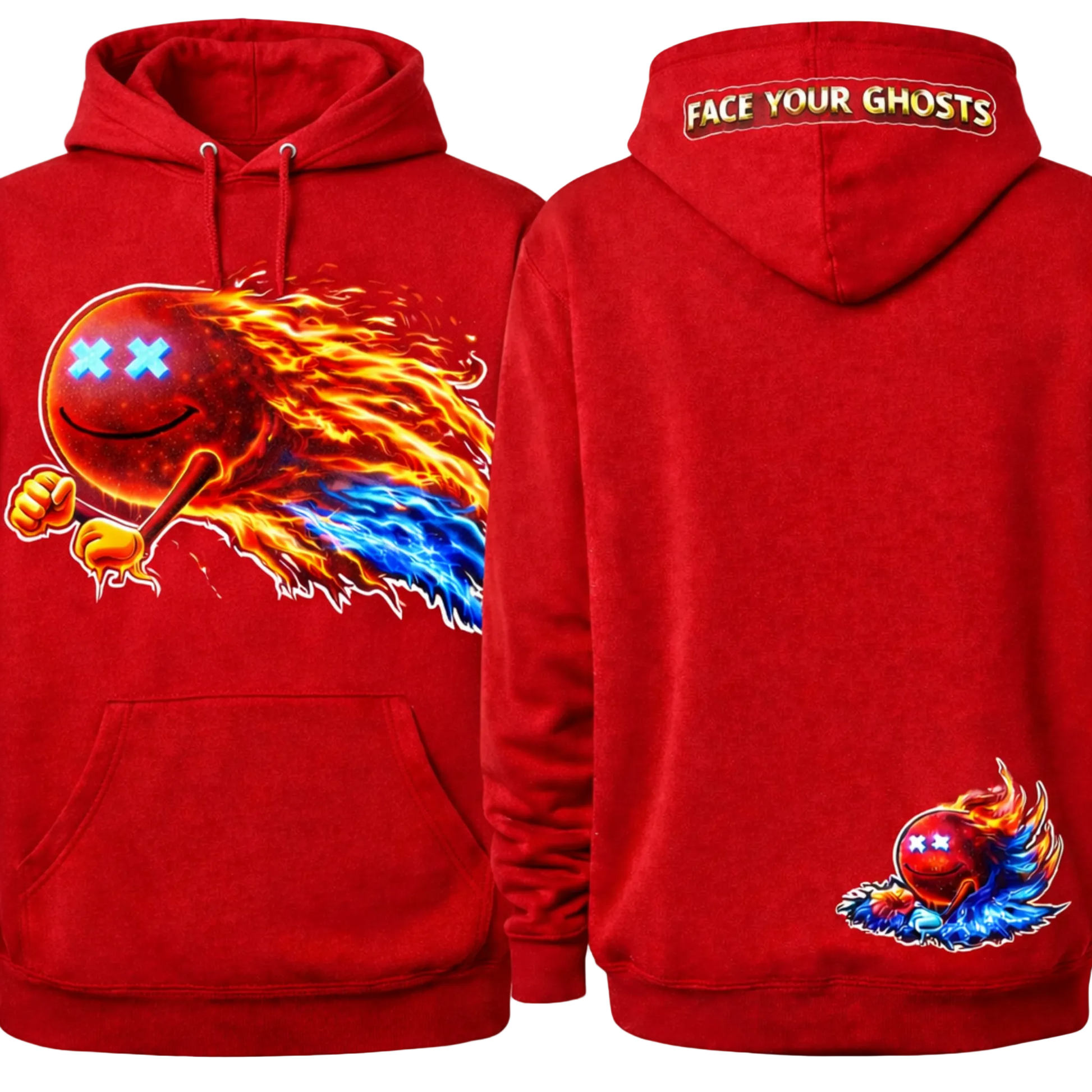 Red Face Your Ghosts Hoodie by Infinite Ascent featuring red phantom artwork, motivational text, and subtle ghost graphics on the back.