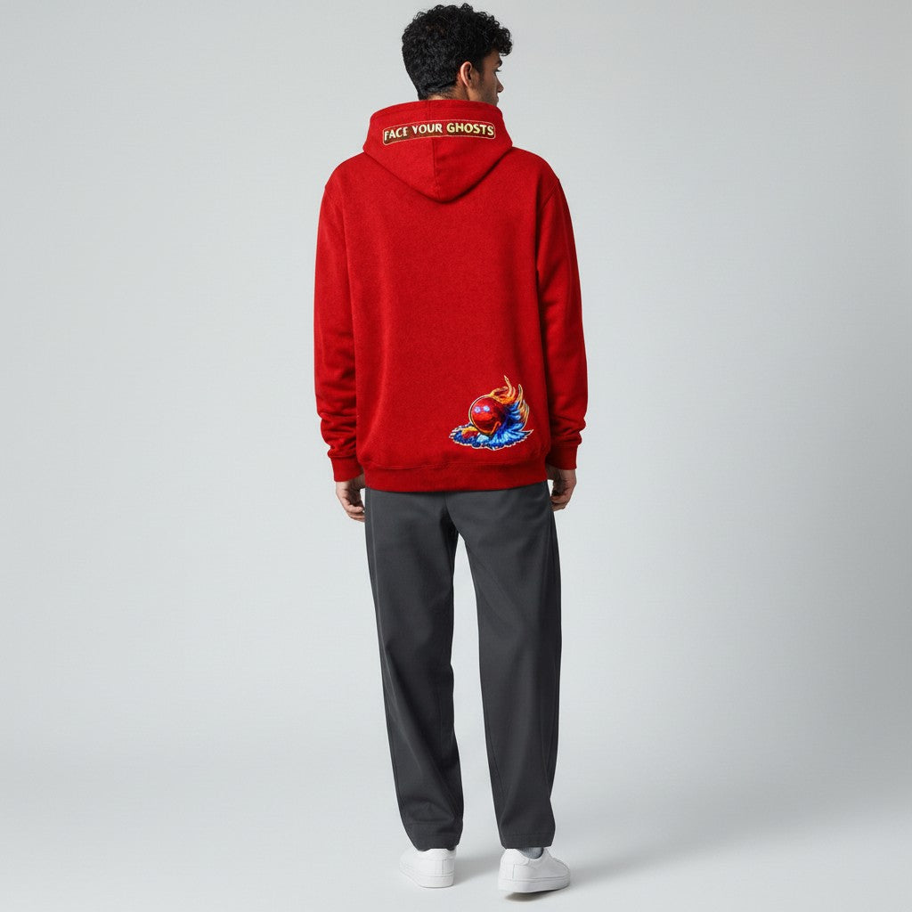 Red Face Your Ghosts Hoodie by Infinite Ascent featuring red phantom artwork, motivational text, and subtle ghost graphics on the back.
