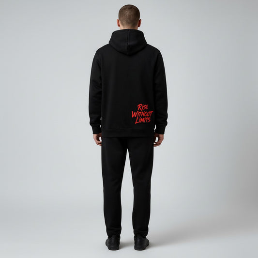 Black Shogun Hoodie by Infinite Ascent featuring a large samurai warrior graphic on the front and Rise Without Limits text on the back.