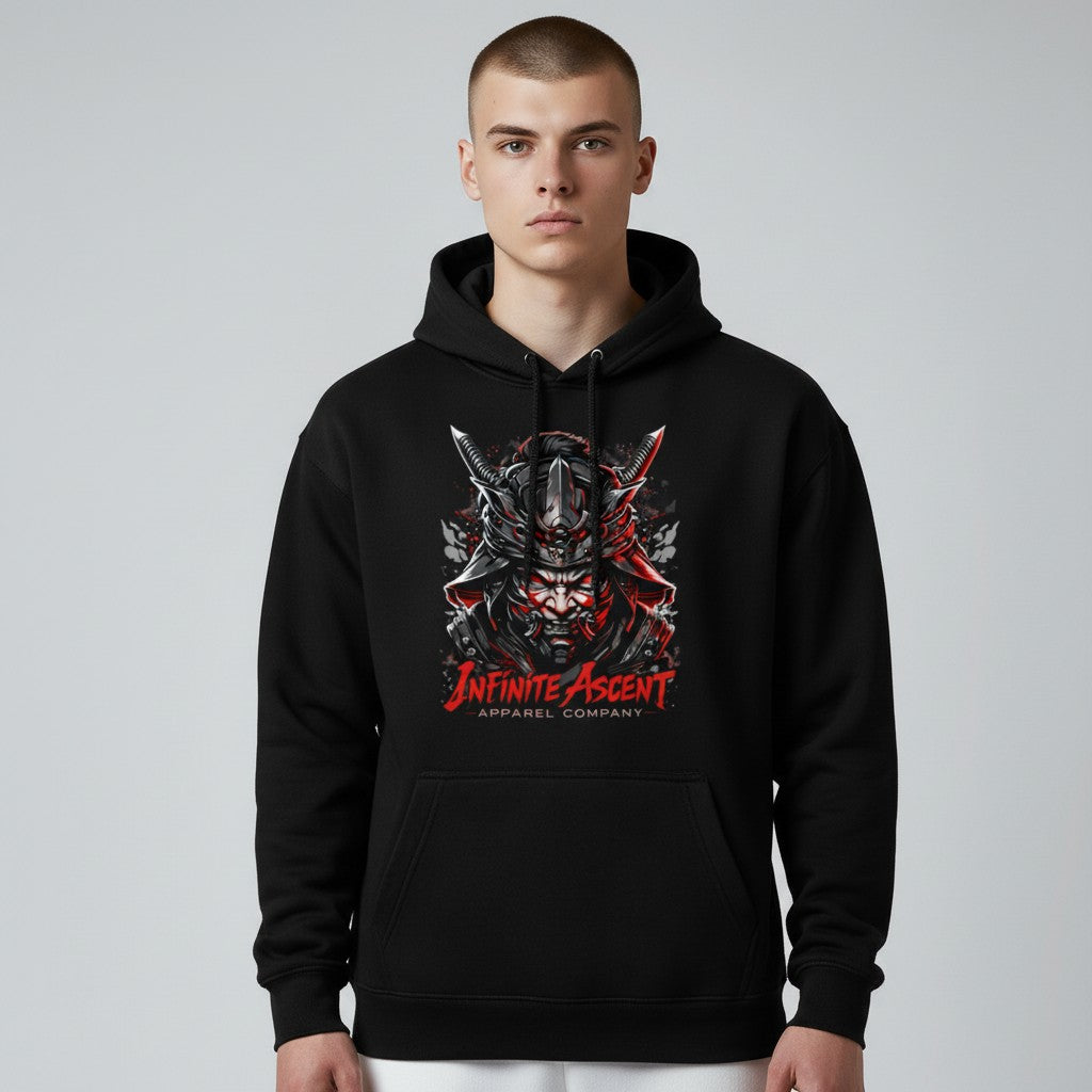 Black Shogun Hoodie by Infinite Ascent featuring a large samurai warrior graphic on the front and Rise Without Limits text on the back.