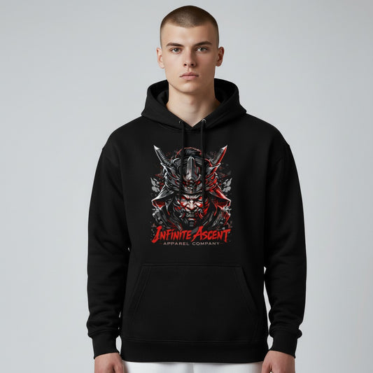 Black Shogun Hoodie by Infinite Ascent featuring a large samurai warrior graphic on the front and Rise Without Limits text on the back.