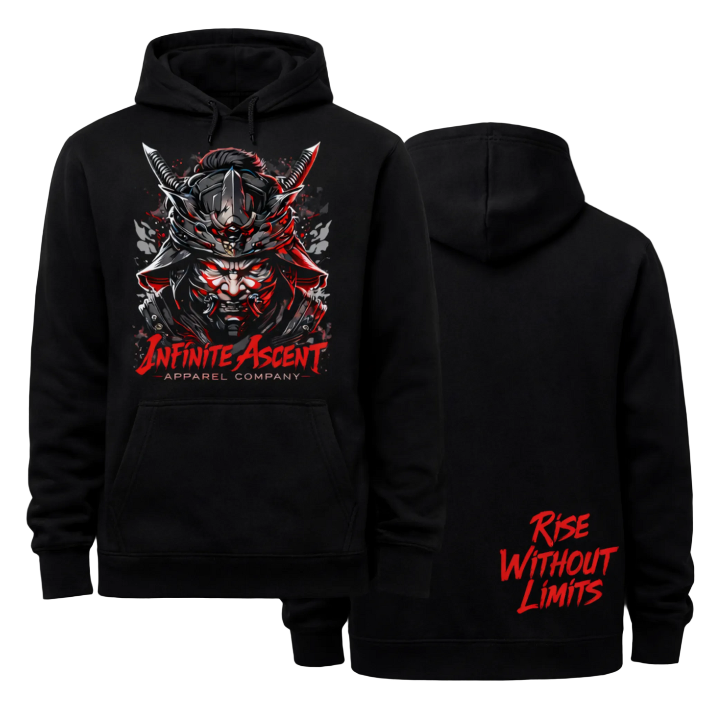 Black Shogun Hoodie by Infinite Ascent featuring a large samurai warrior graphic on the front and Rise Without Limits text on the back.