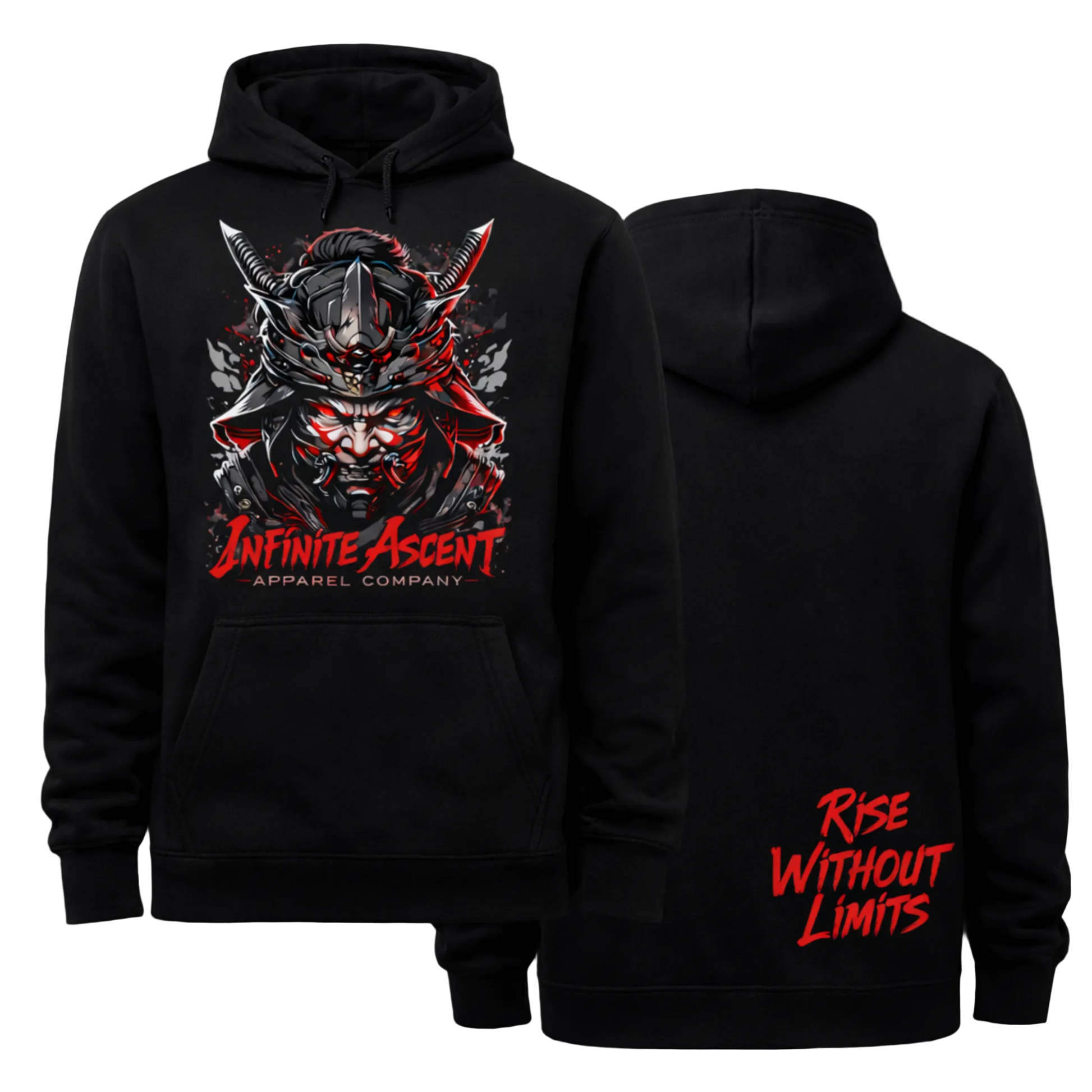Black Shogun Hoodie by Infinite Ascent featuring a large samurai warrior graphic on the front and Rise Without Limits text on the back.