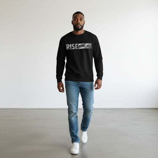 Black Steel Rise Crewneck featuring metallic silver Rise Without Limits typography across the front on man walking toward camera