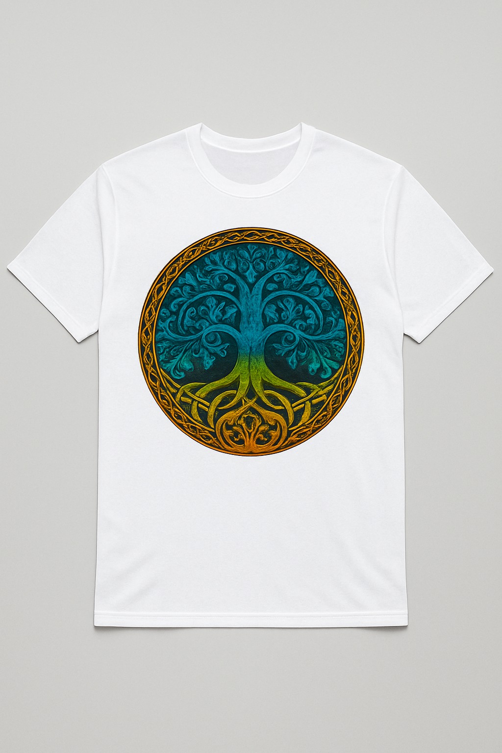 White t-shirt with a colorful tree of life design on a gray background