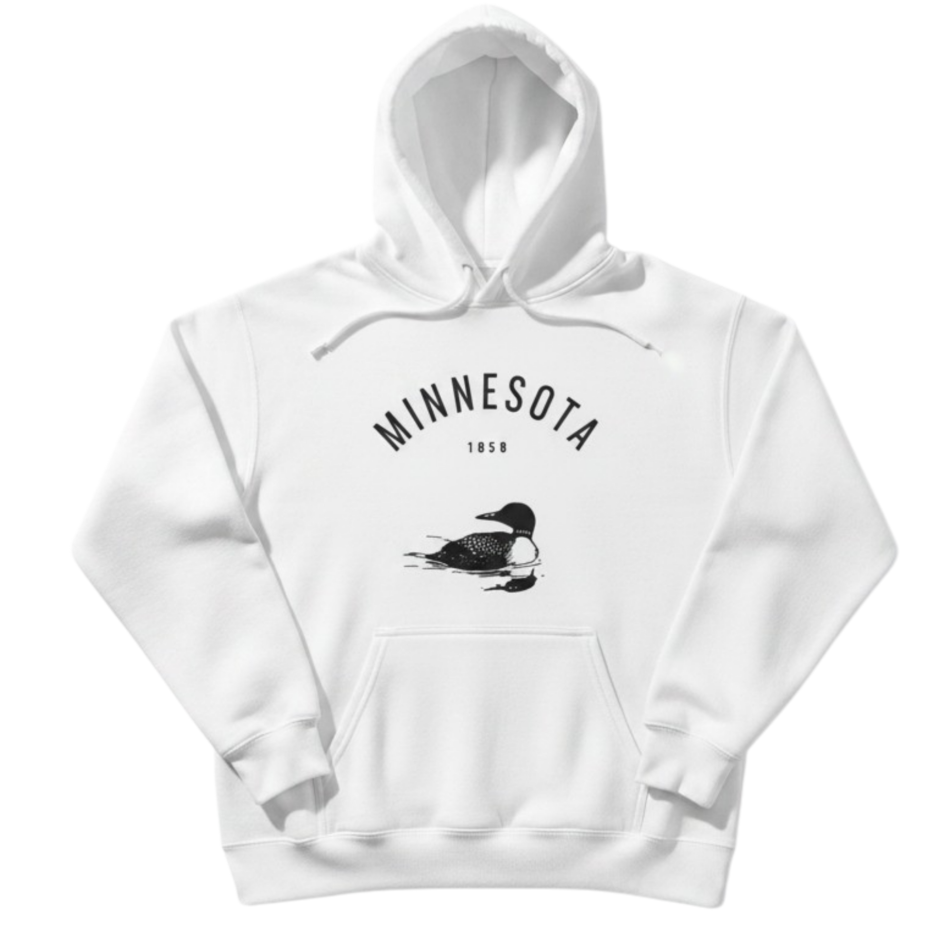White Up North Hoodie featuring minimalist Minnesota typography and loon graphic inspired by Northwoods lake life.