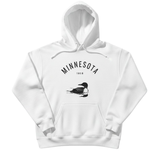 White Up North Hoodie featuring minimalist Minnesota typography and loon graphic inspired by Northwoods lake life.