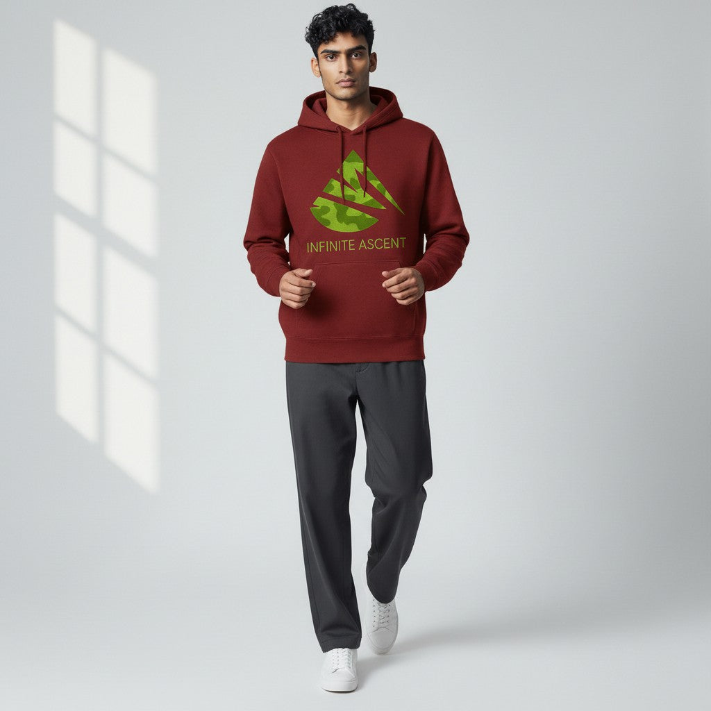 Burgundy Voltage Camo Hoodies by Infinite Ascent featuring bright green camo logo graphics and Rise Without Limits vertical back print.