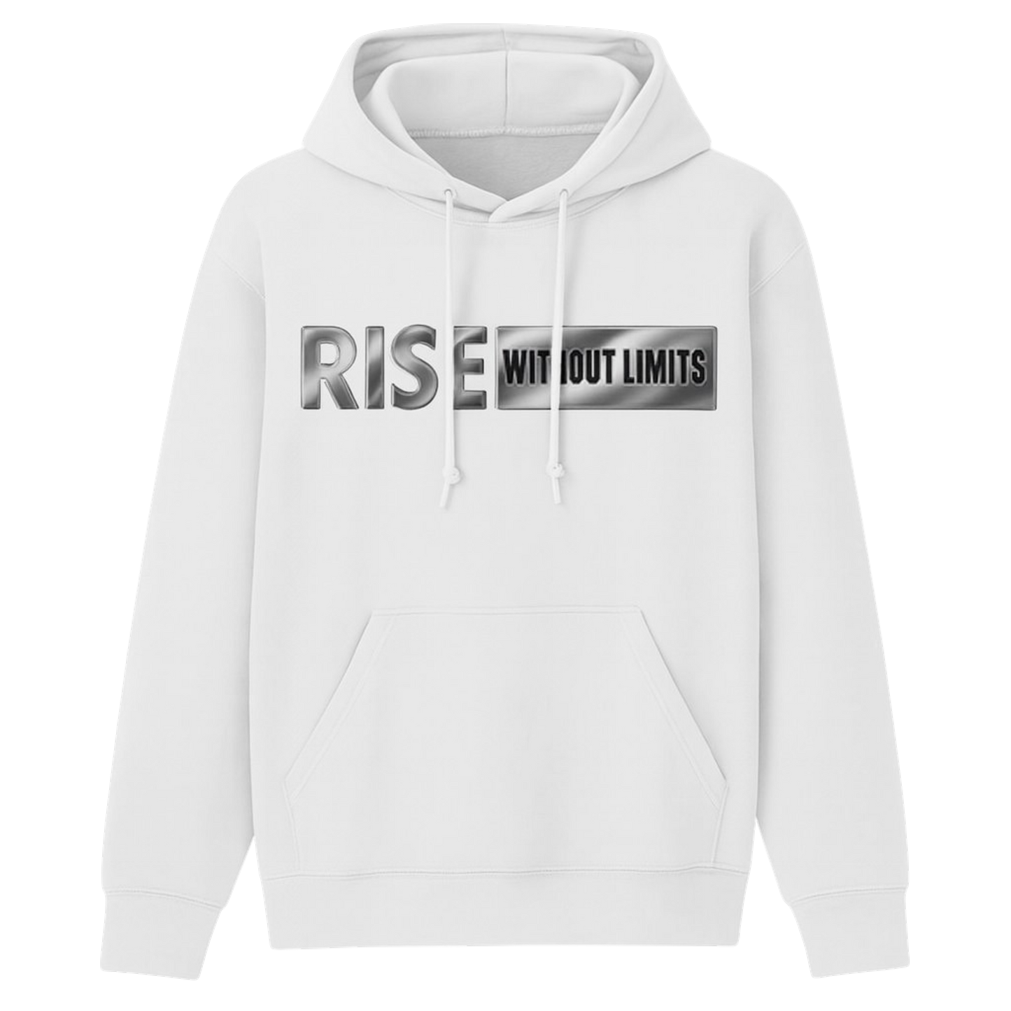 White Steel Rise Hoodie featuring metallic silver Rise Without Limits typography across the front.